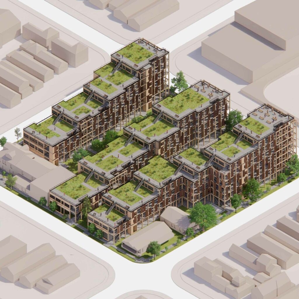 Aerial digital axonometric drawing of a urban city block that is developed into three linear, multi-level buildings with rooftop gardens and courtyard between the three structures.