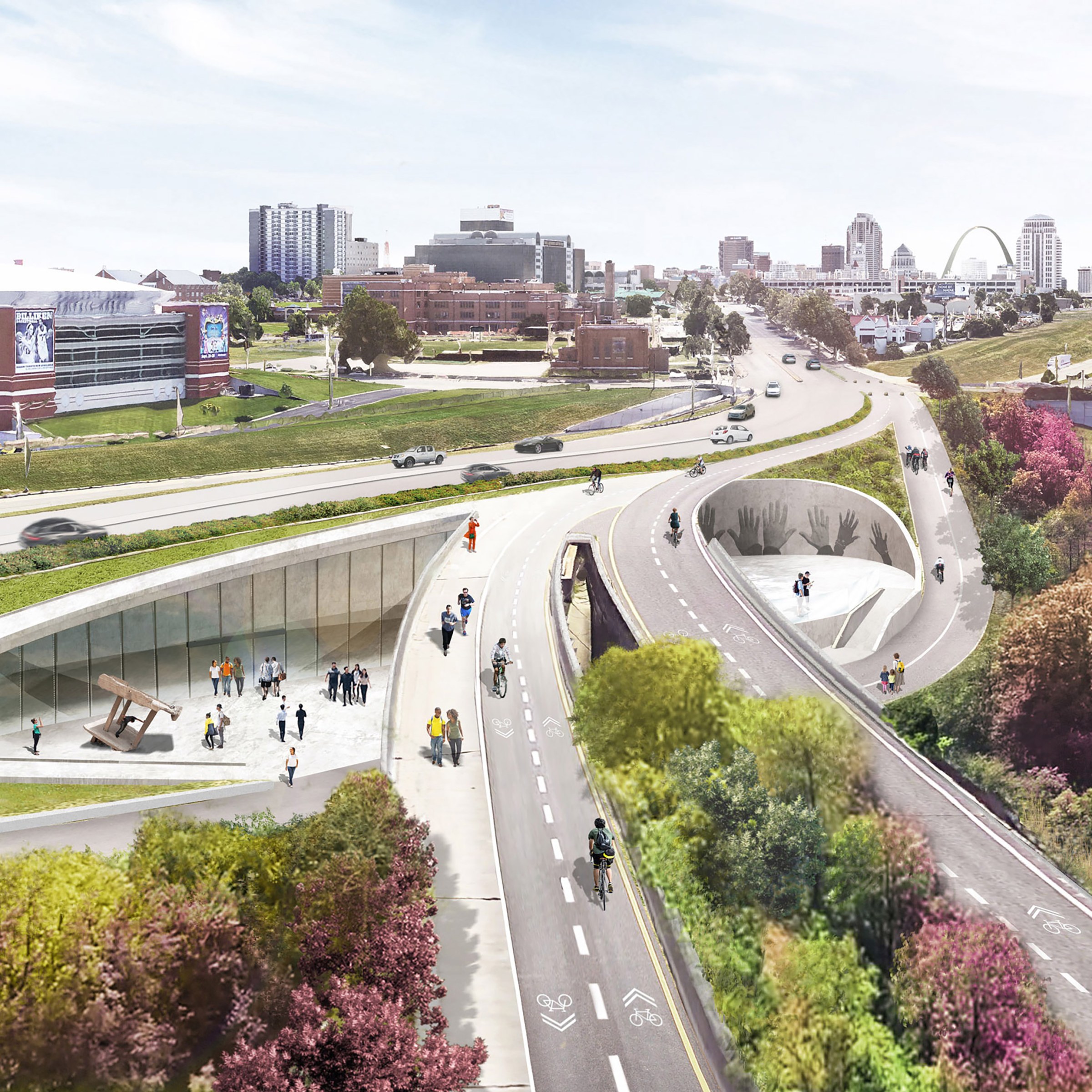 Aerial shot of bike pathways with city space in the background