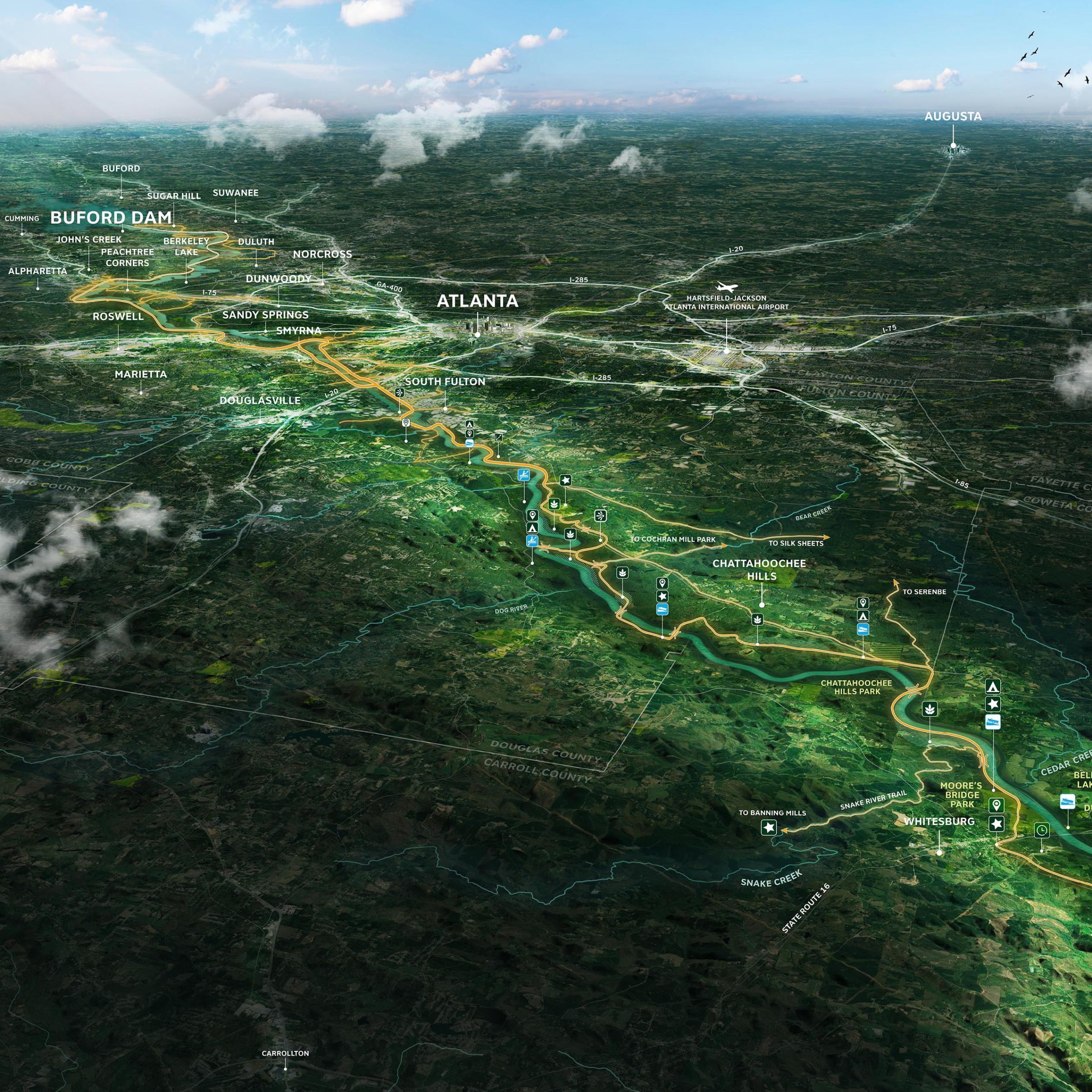 Aerial axonometric perspective of the entire Chattahoochee River plan