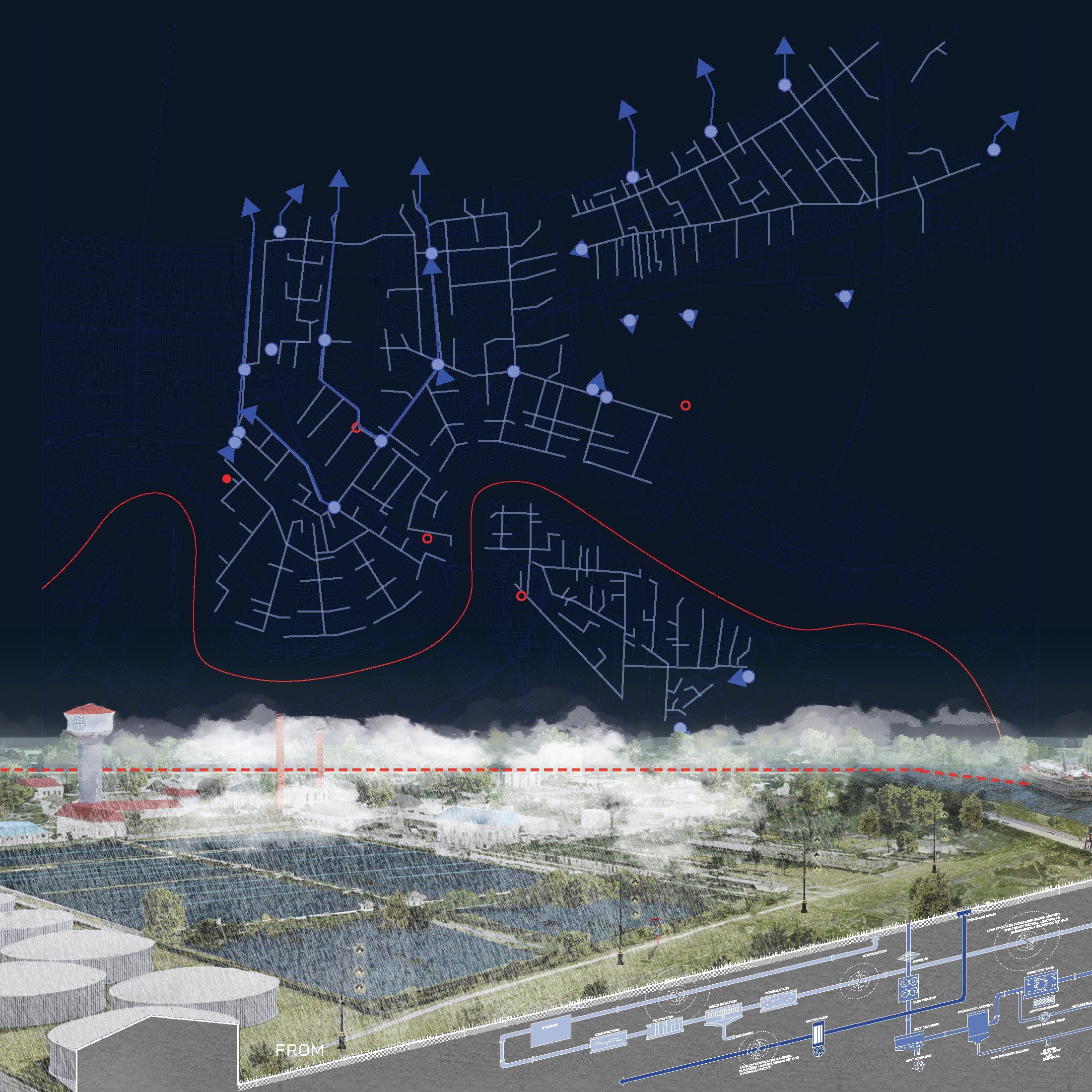 collage, top showing a New Orleans city map with drainage directional outflow indicated and on the bottom a sectional drawing of underground water management systems next to the Mississippi River.