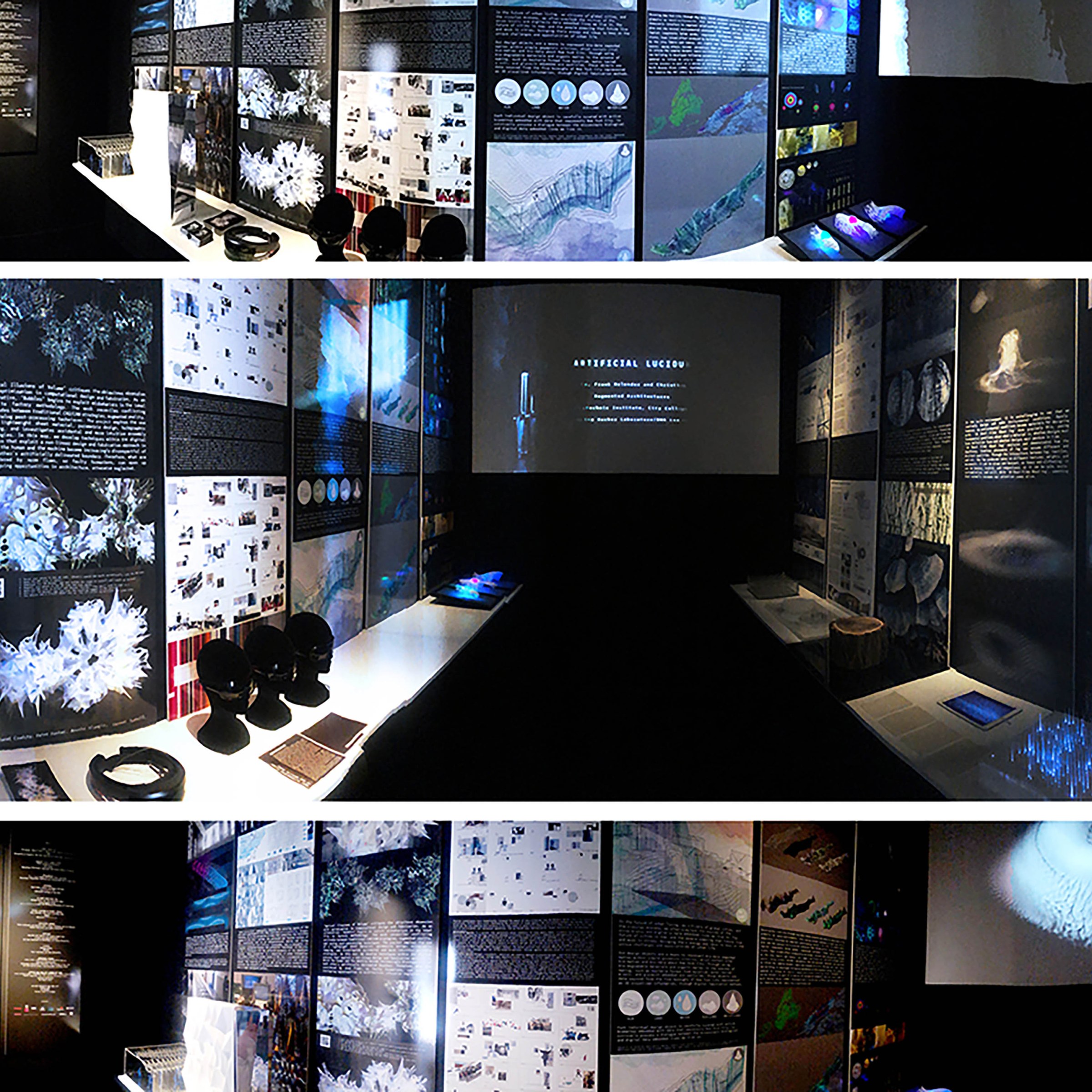 Collage of different screens and posters from Data and Matter Exhibit