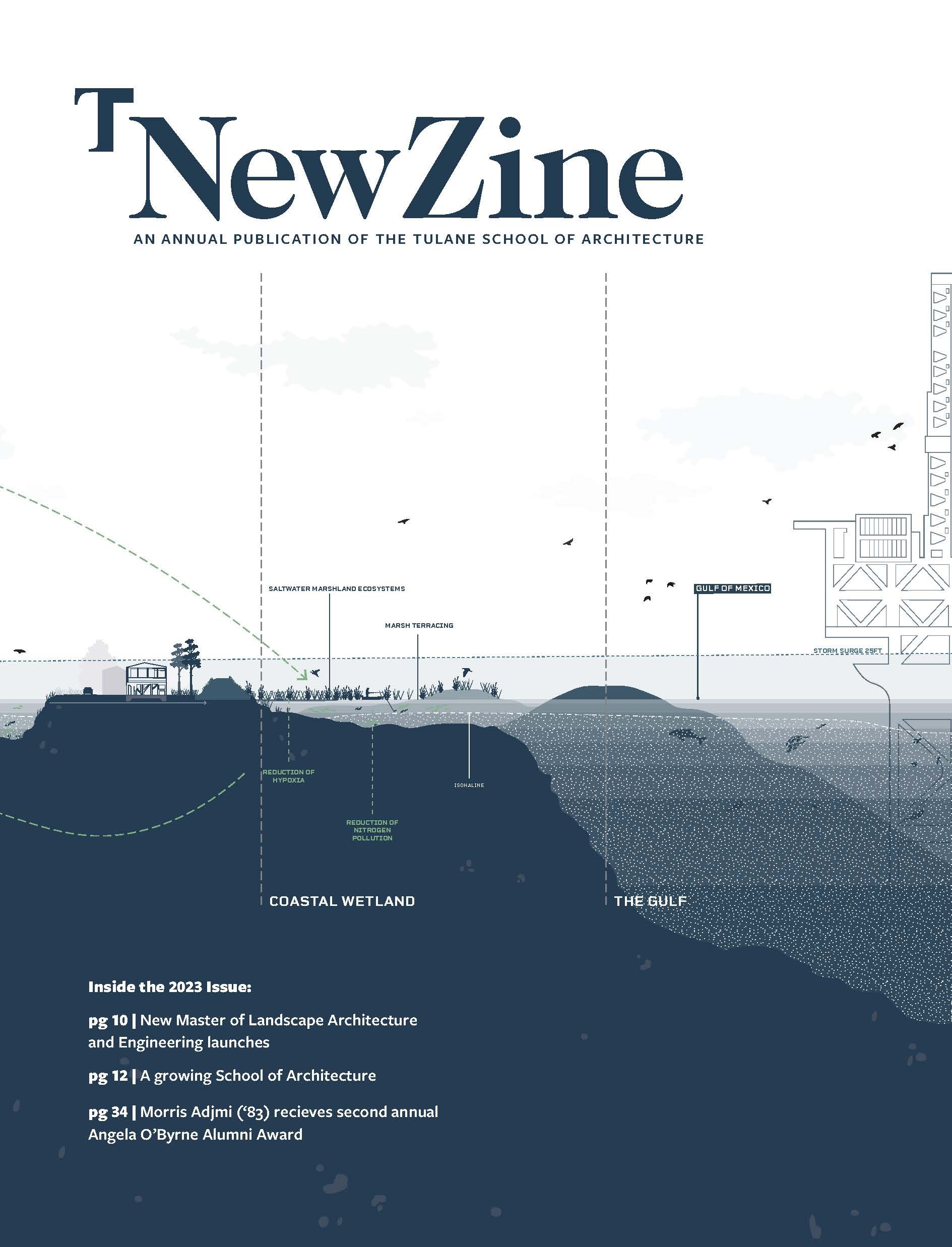 Cover of NewZine 2023, showing a section digital drawing of a coastal landscape.