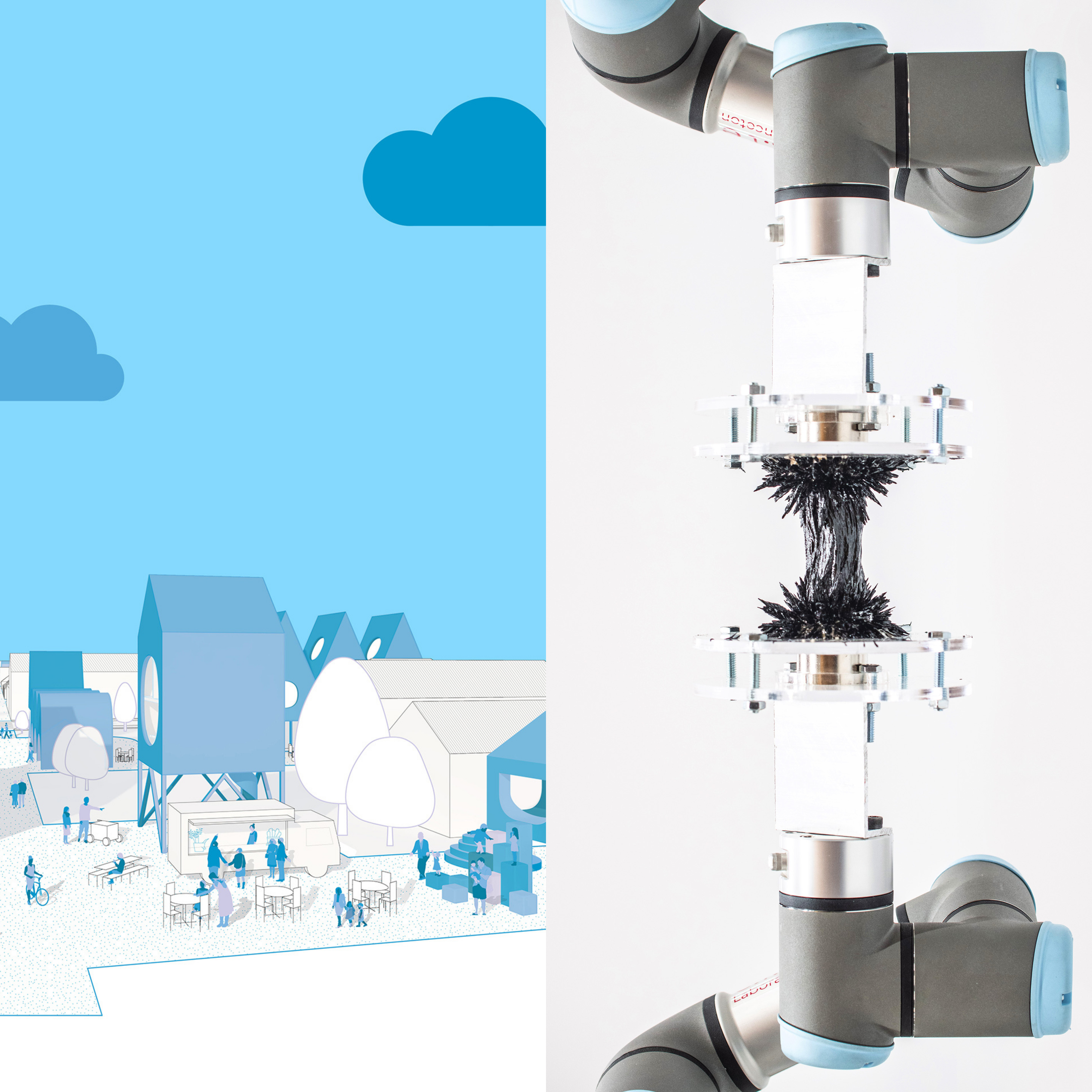 Composite of two images: on the left is a perspective rendering of a neighborhood with modern, modular homes and figures walking outside; the second is a photo of two robot arms holding magnetic metal shards.