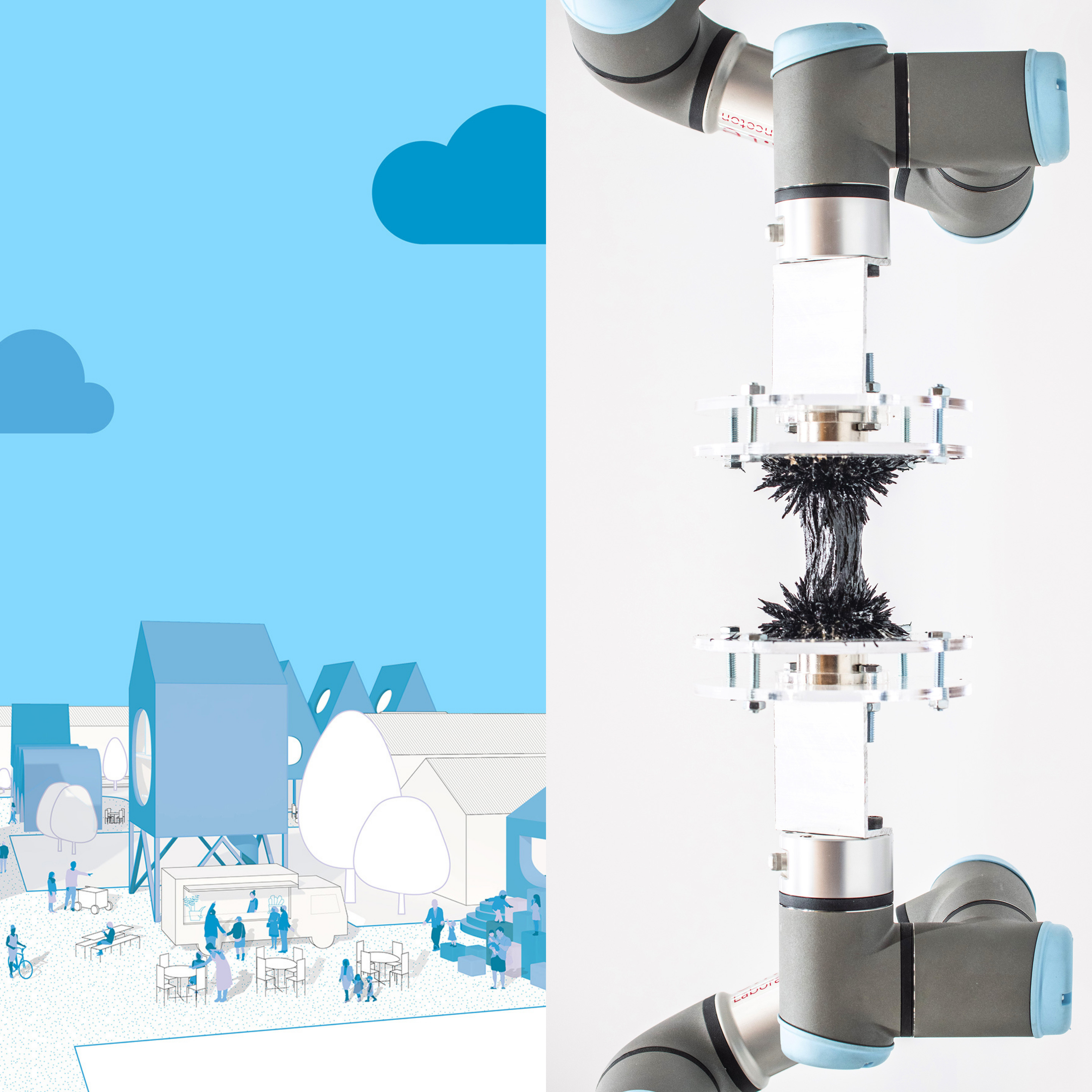 Composite of two images: on the left is a perspective rendering of a neighborhood with modern, modular homes and figures walking outside; the second is a photo of two robot arms holding magnetic metal shards.