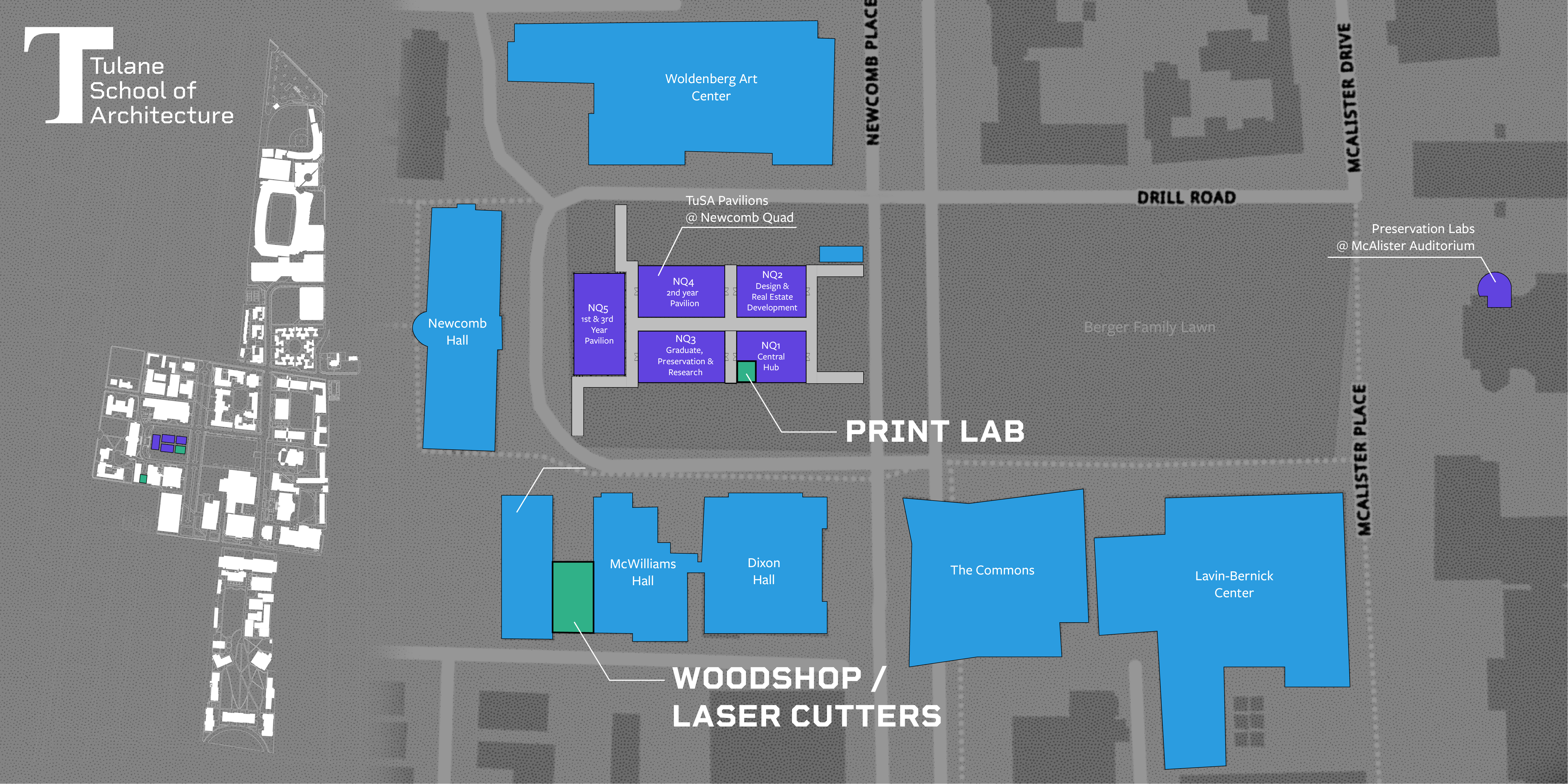 Digital site plan of Newcomb Quad pavilions and Fabrication Lab amenities.