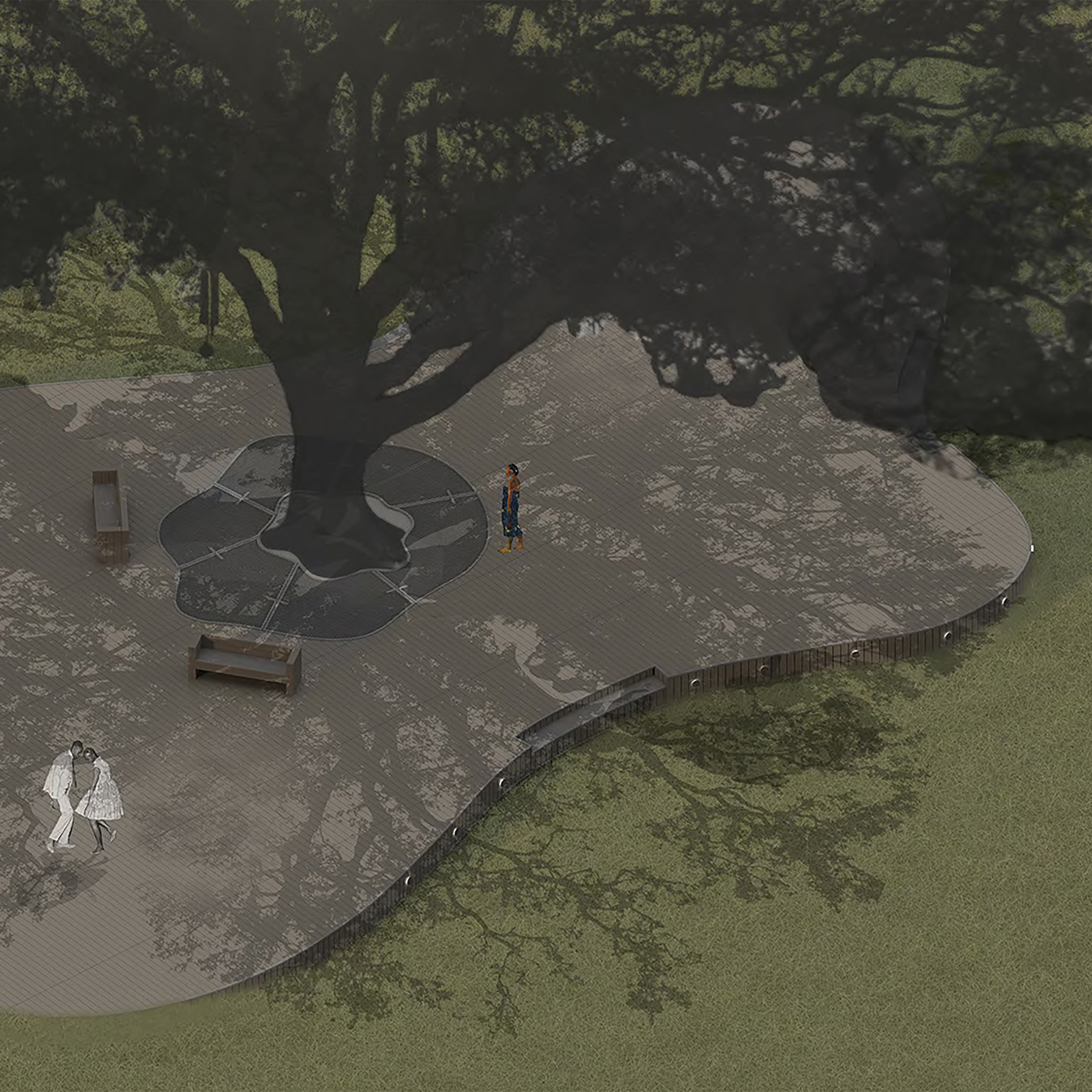 Aerial perspective drawing looking down at a large platform surrounding a large oak tree with figures standing on the platform