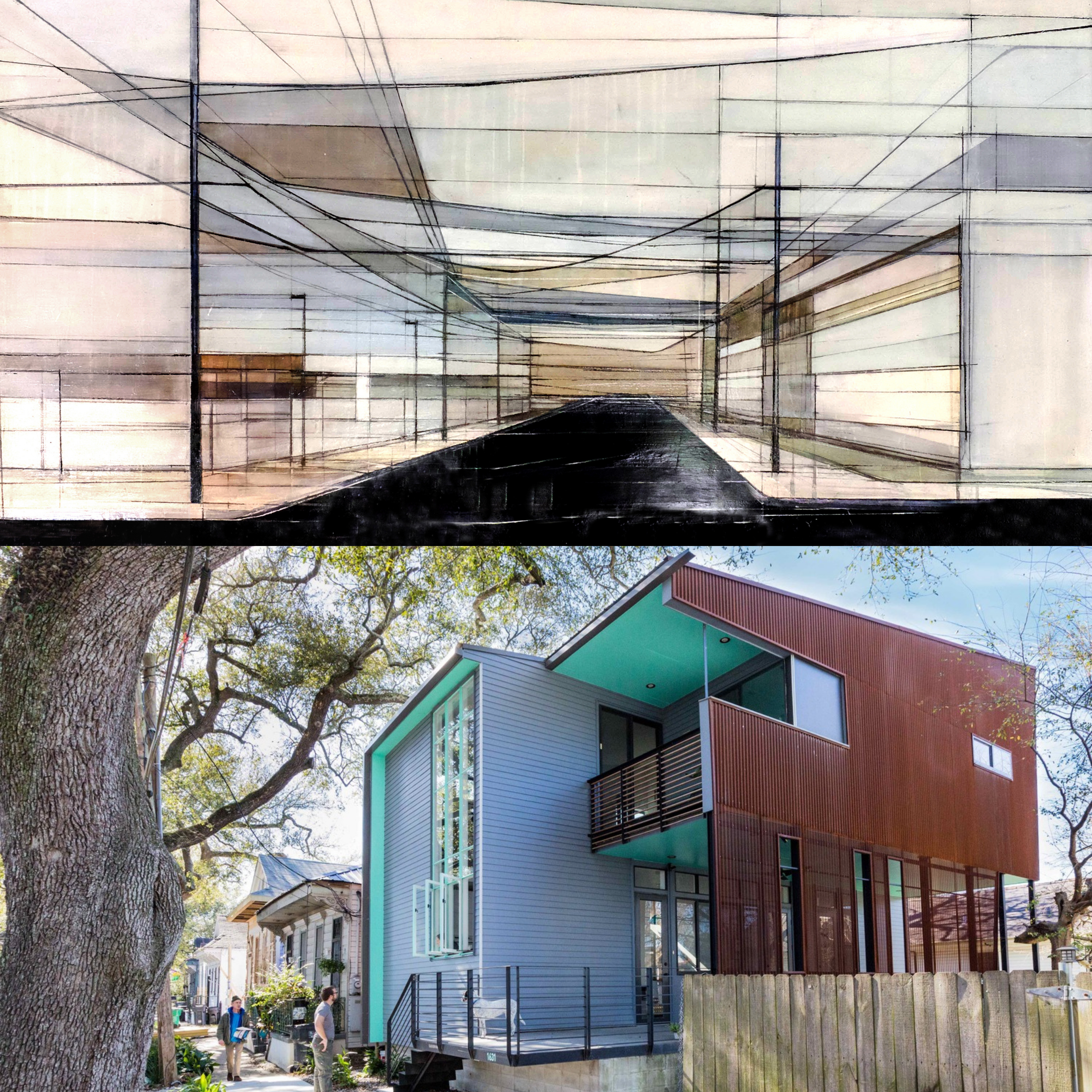 Composite of two images: on the top is a painting with horitzontal and vertical lines that make it look like a streetscape; on the bottom is a photo of a multi-story modern house from the view of the sidewalk