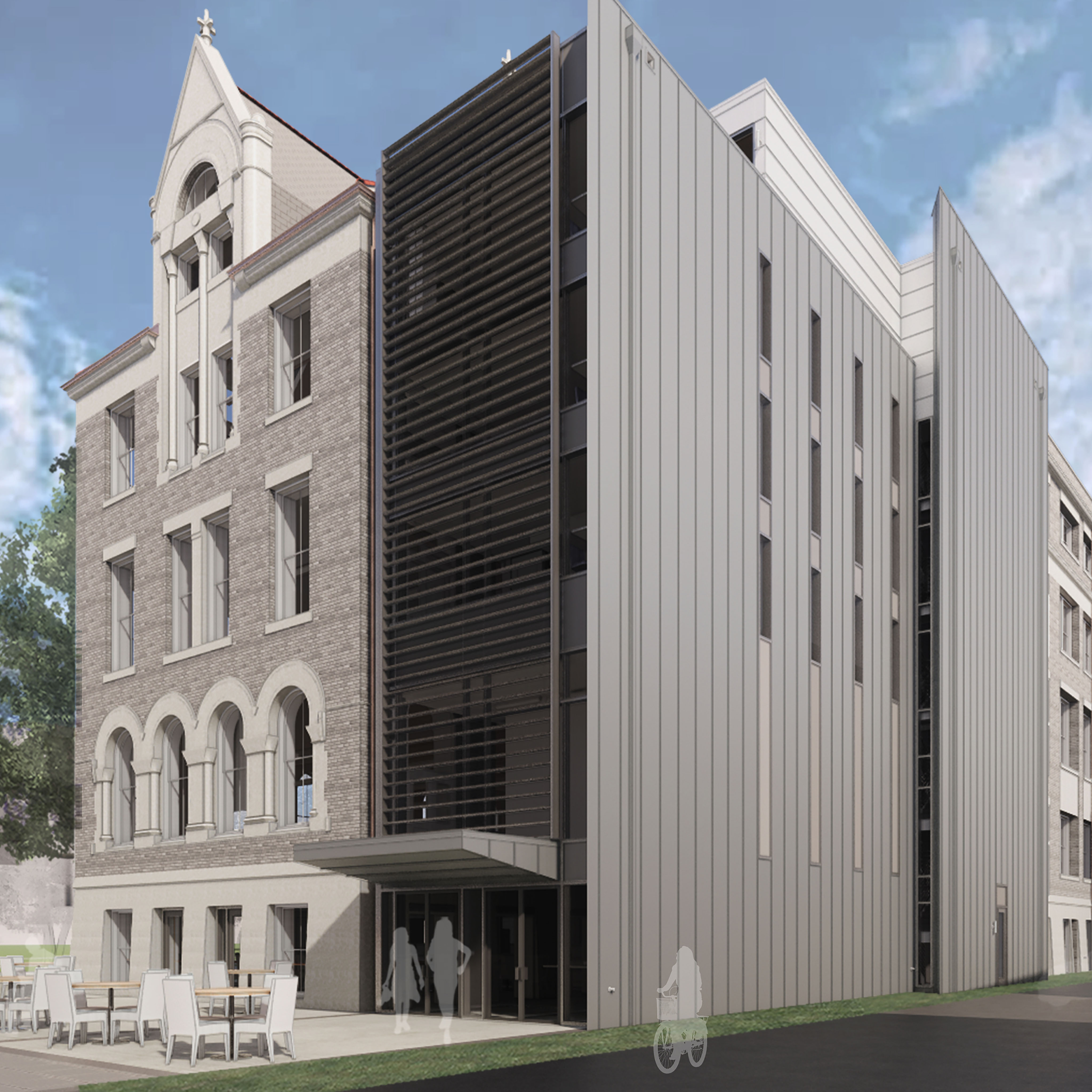 Digital perspective drawing of the south eastern facade of the proposed renovation of Richardson Memorial Hall, including an addition built onto the easternside of the building.