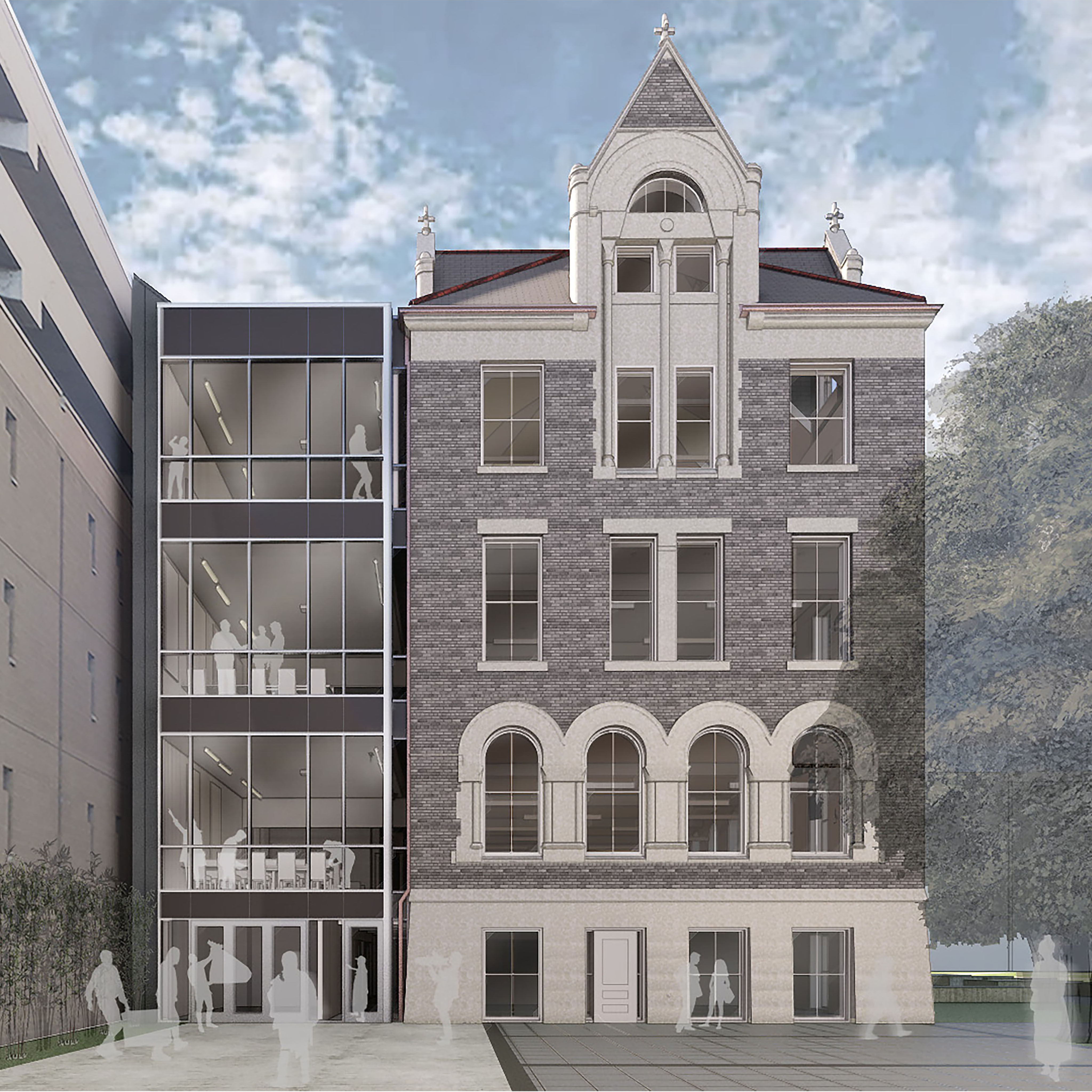 Digital perspective drawing of northern facade of the proposed renovation of Richardson Memorial Hall, including an addition built onto the eastern side of the building.