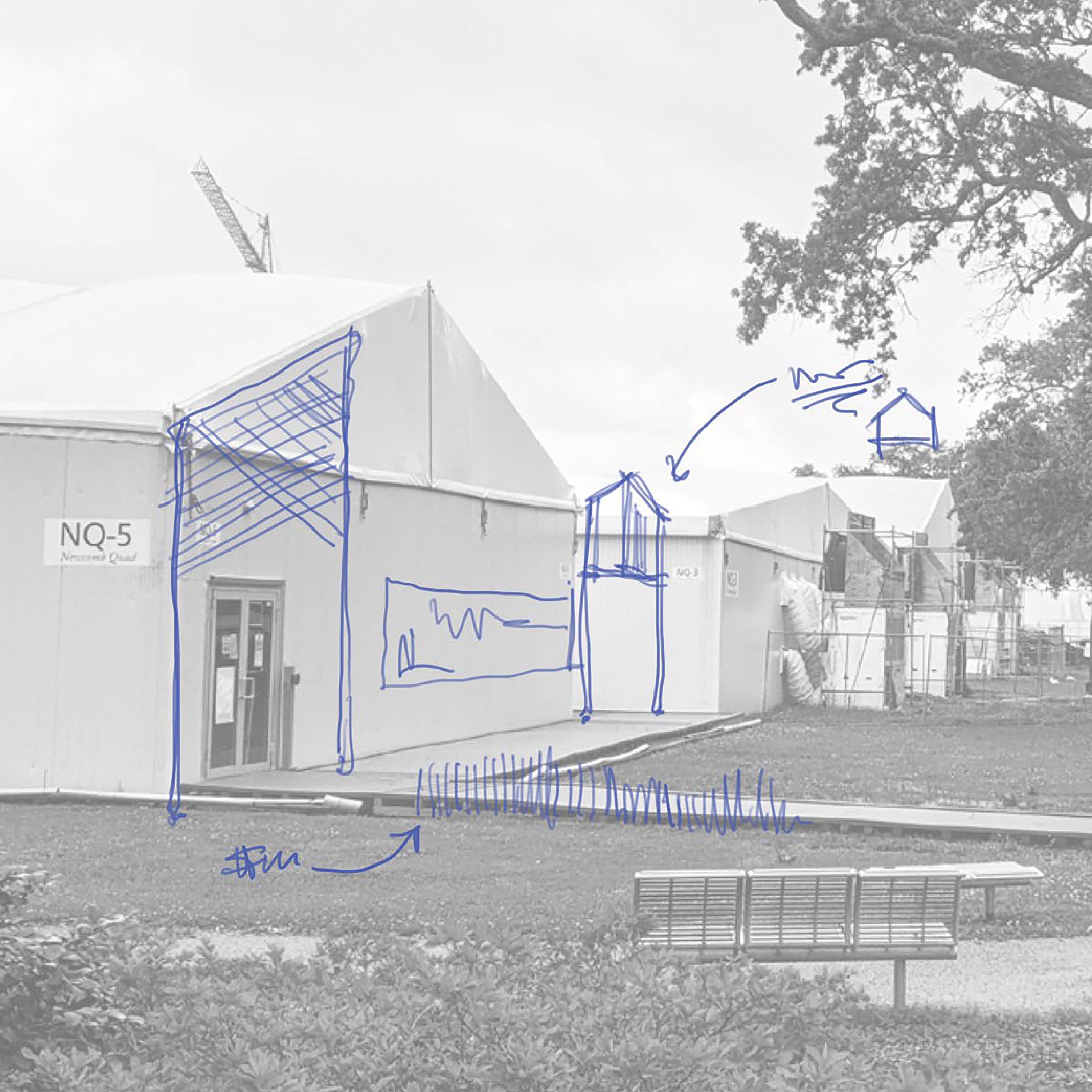 Photo of a group of outdoor pavilions with design ideas sketched on top of the image to show proposed designs