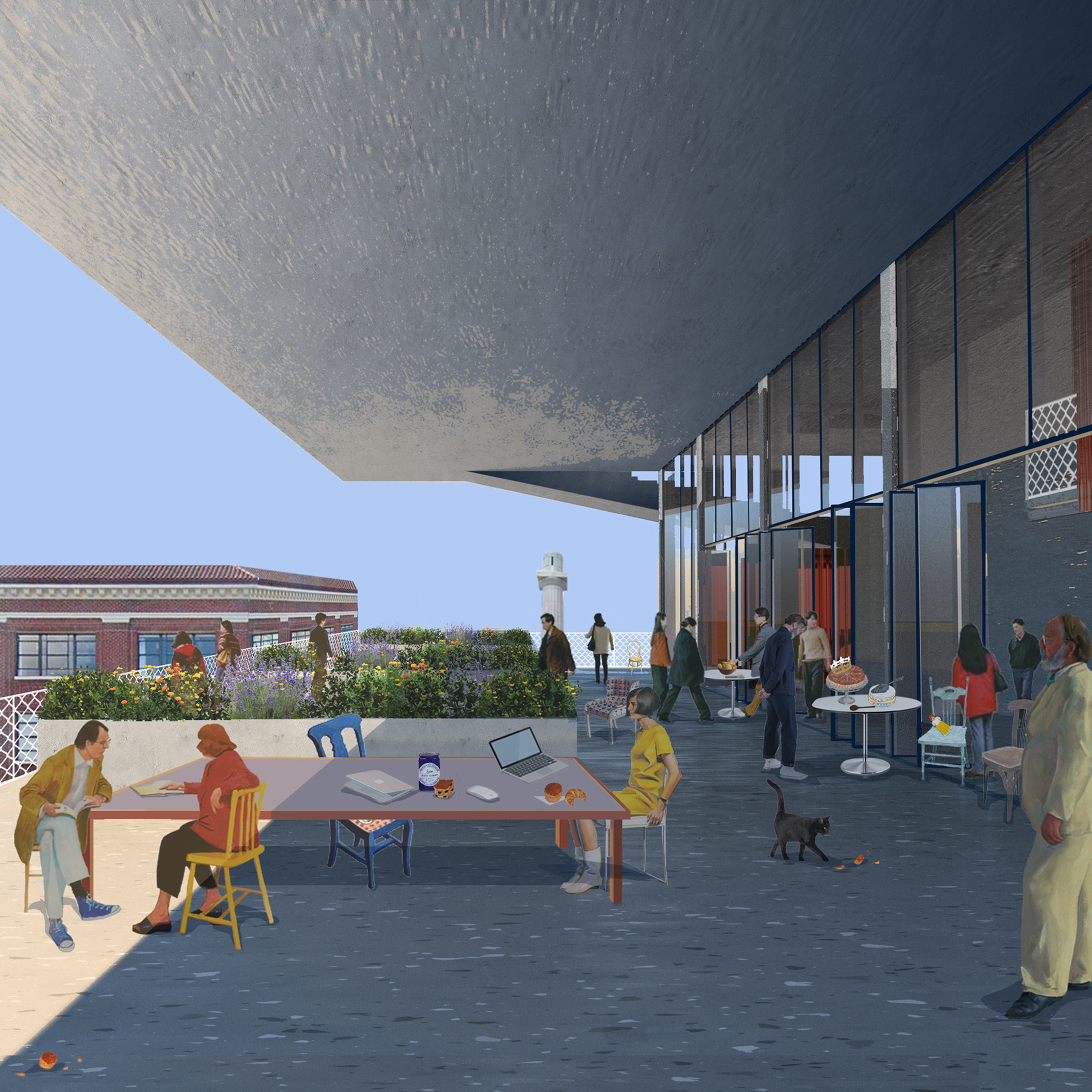 Digital perspective drawing of a large outdoor patio space with greenery in the background and table and people congregating in foreground.