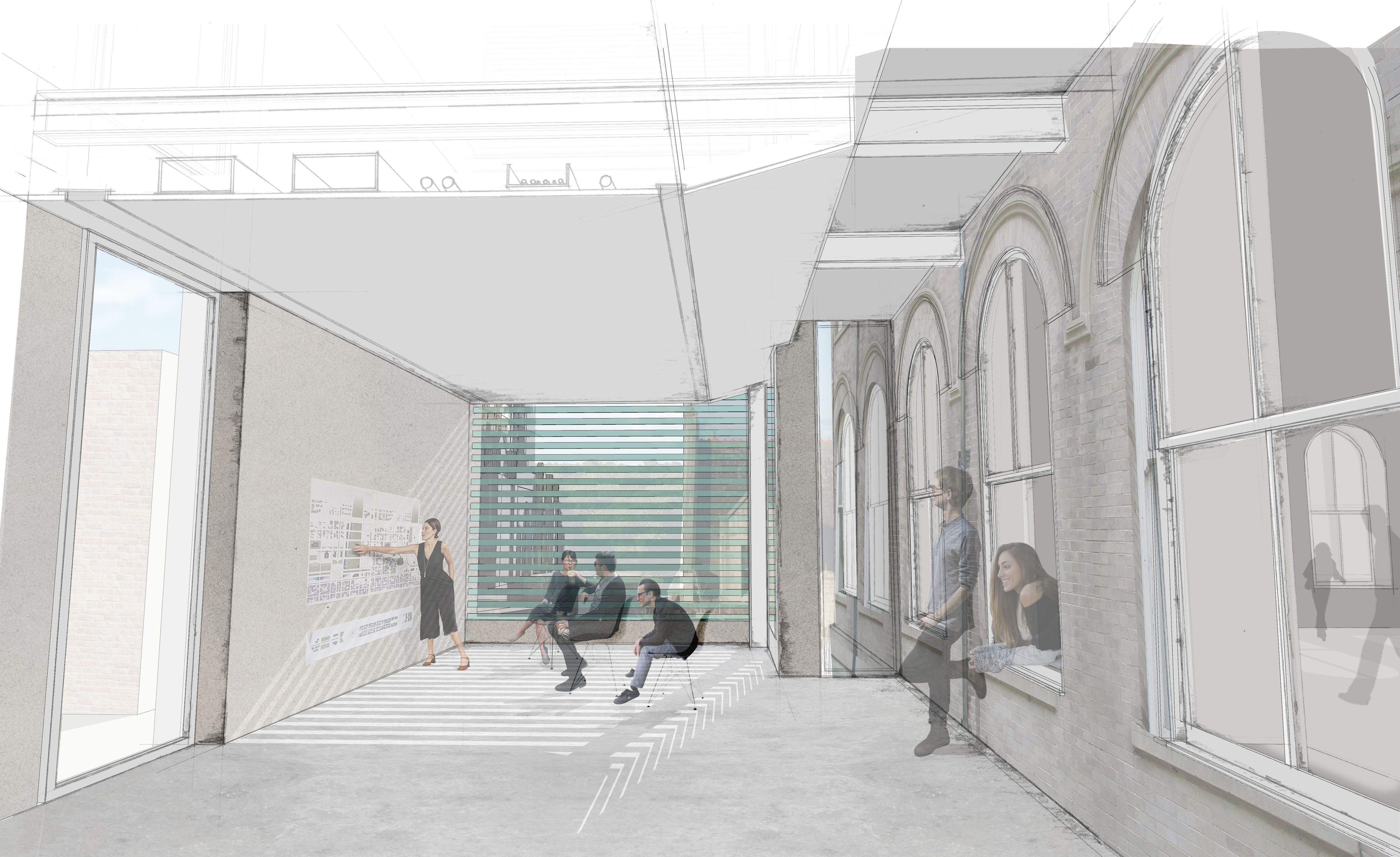 Digital perspective drawing of interior communal space, used for meetings and studio pinups, in the proposed renovation at Richardson Memorial Hall