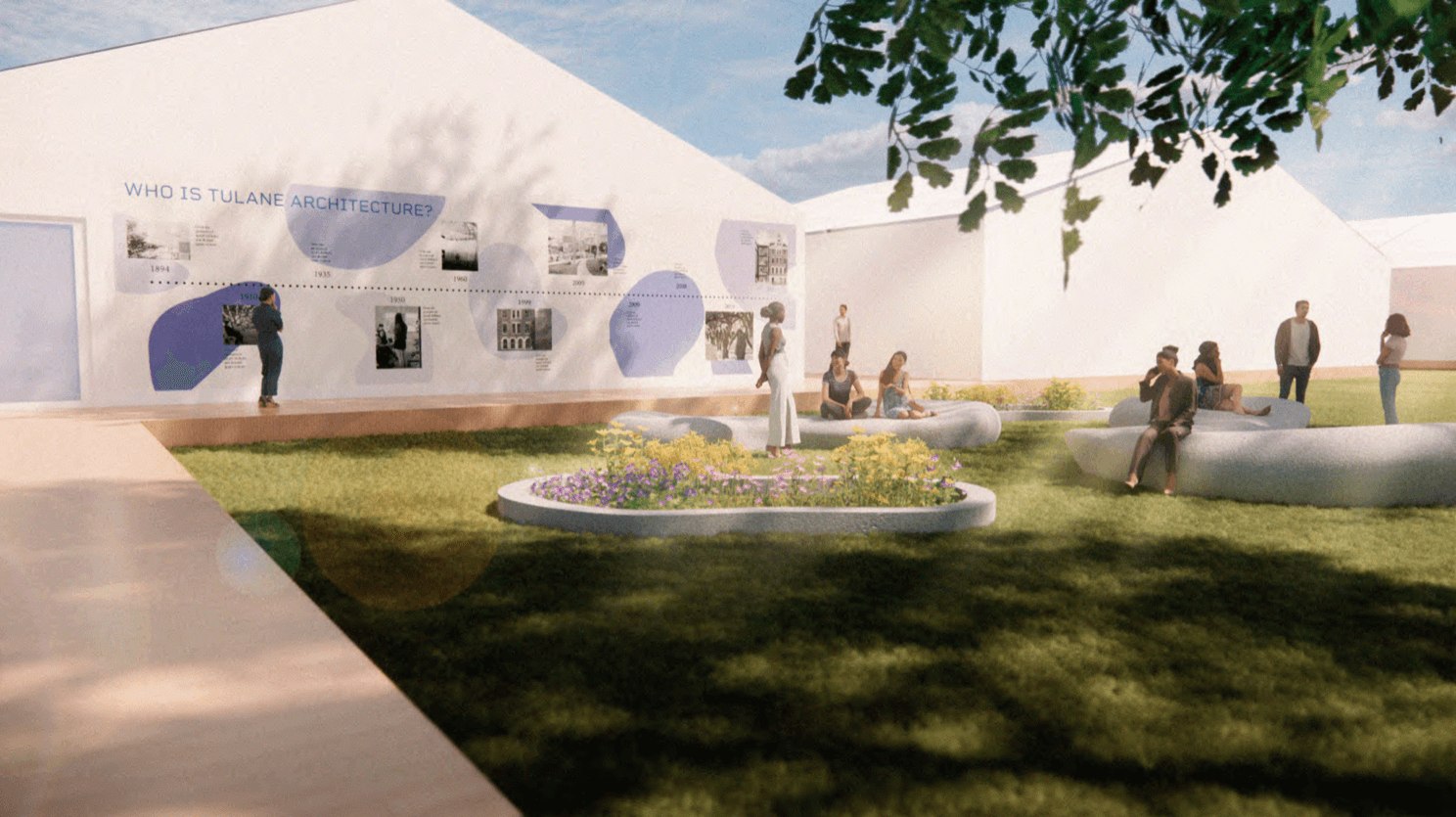 Digital perspective drawing of outdoor space with walkways, seating, gardens and shade from a tree in foreground.