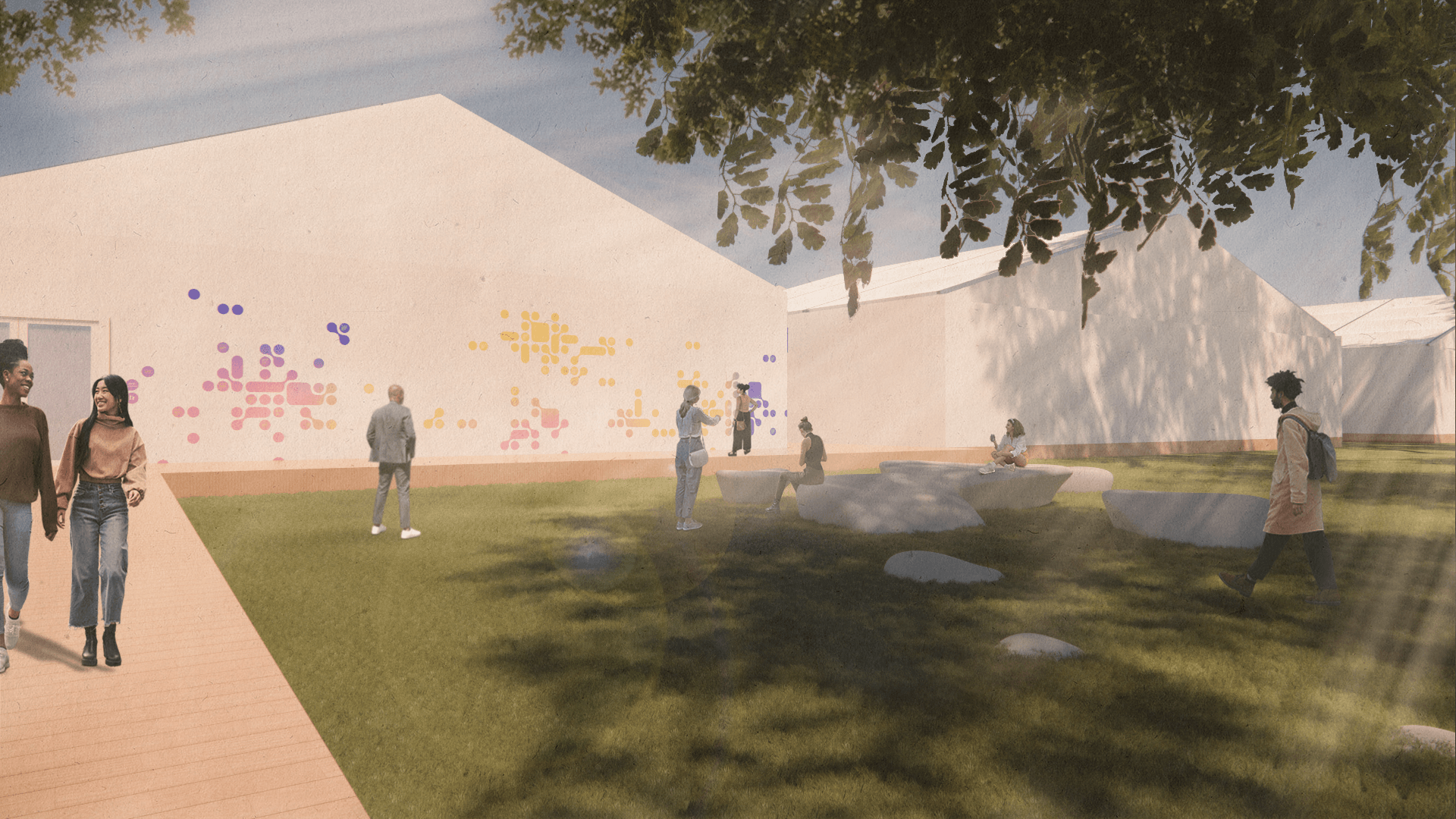 Digital perspective drawing of blob-shaped outdoor seating in a green space with pavilions in background