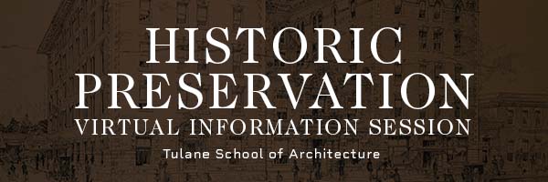 Graphic saying "Historic Preservation Virtual Information Session" with a photo background of a corner exterior view of a square multi-level historic building