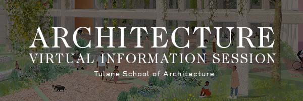 Graphic saying "Architecture Virtual Information Session" with a background of an outdoor, landscaped walkway digital perspective