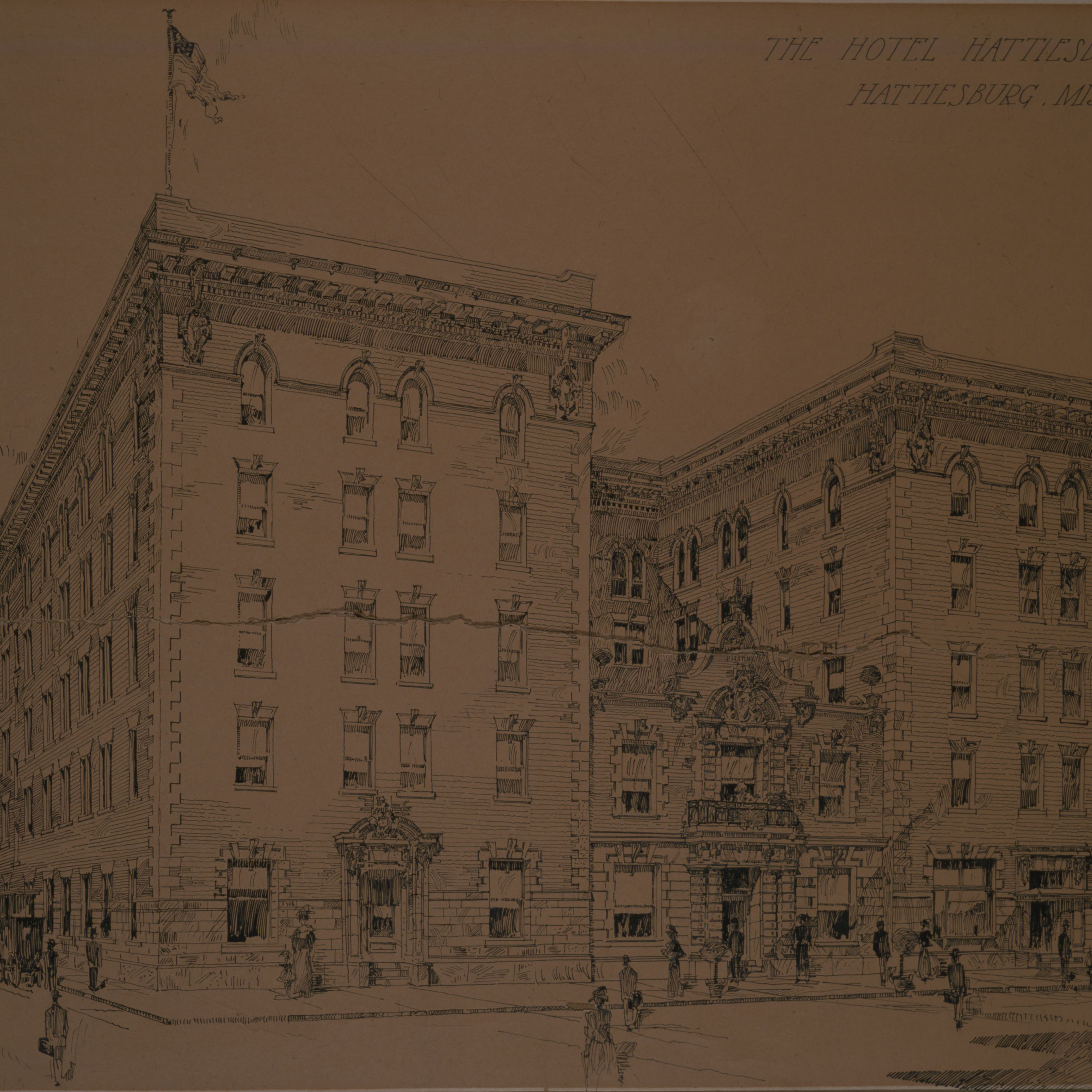 Line drawing of exterior, corner view of a multi-story historic building.