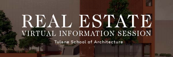 Graphic saying "Real Estate Virtual Information Session" with a background of digital perspective rendering of a tower on the right and trees on the left