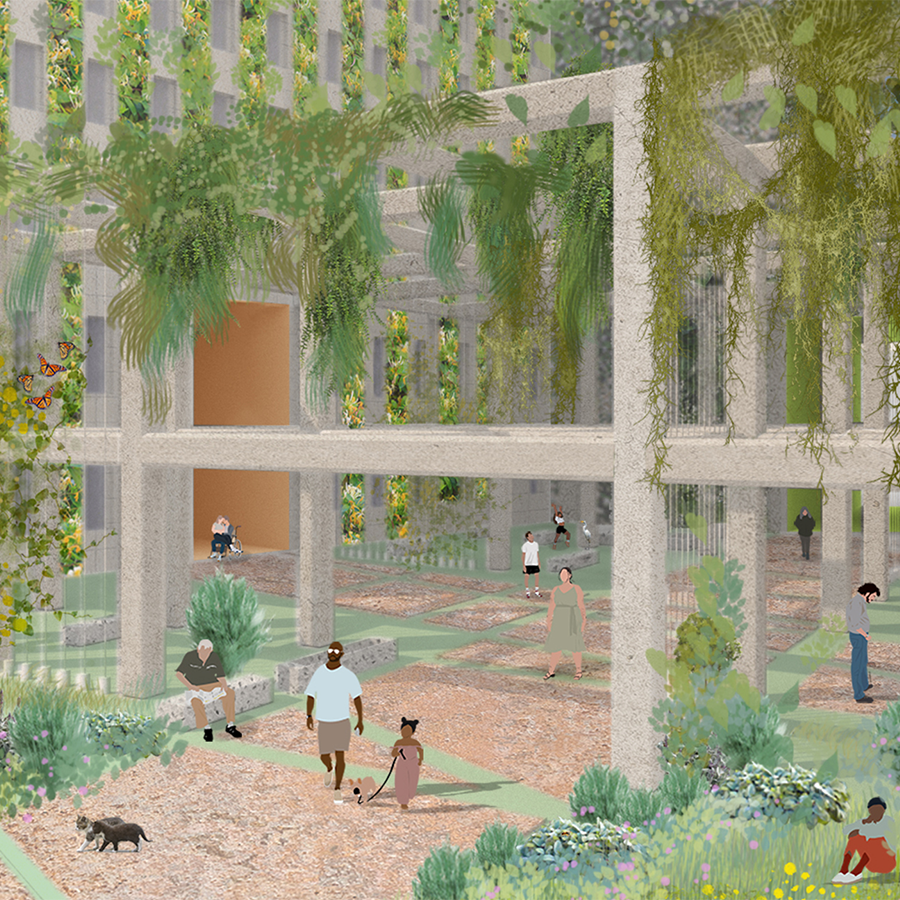 Digital perspective drawing of outdoor space with wide walking paths and high beams with greenery draped across.