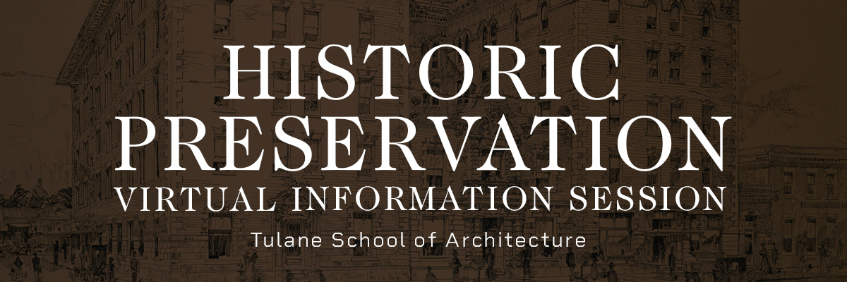 Graphic saying "Historic Preservation Virtual Information Session" with a photo background of a corner exterior view of a square multi-level historic building