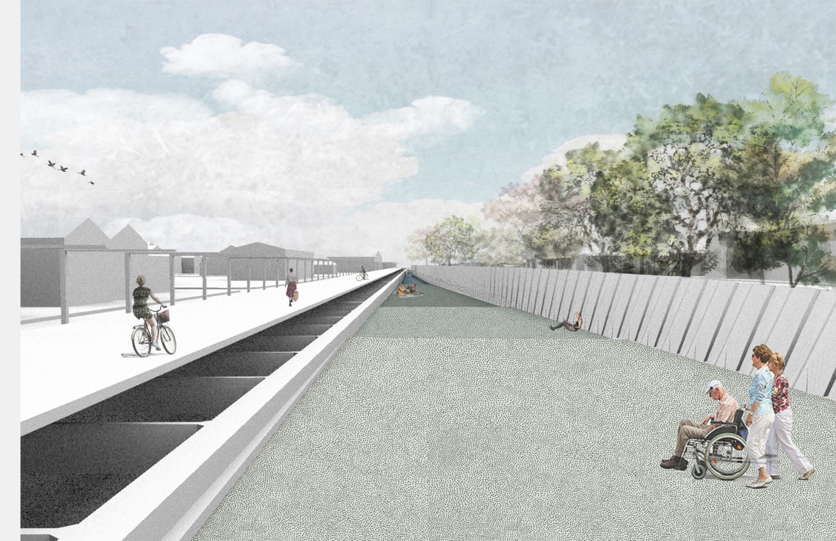 Digital perspective render of outdoor linear park with water management systems and canal feature