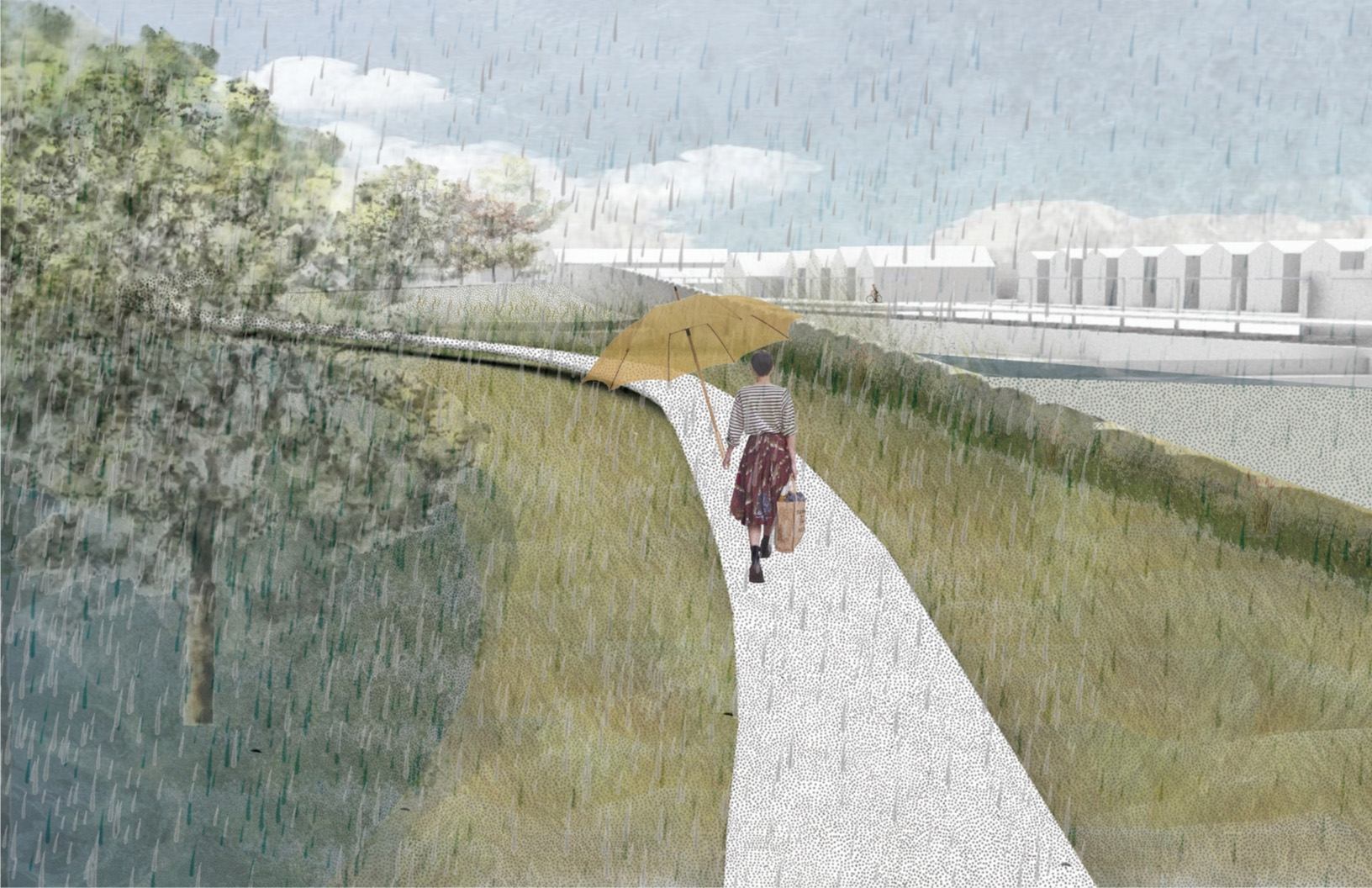 Digital perspective drawing of outdoor linear park with a walking path in the middle
