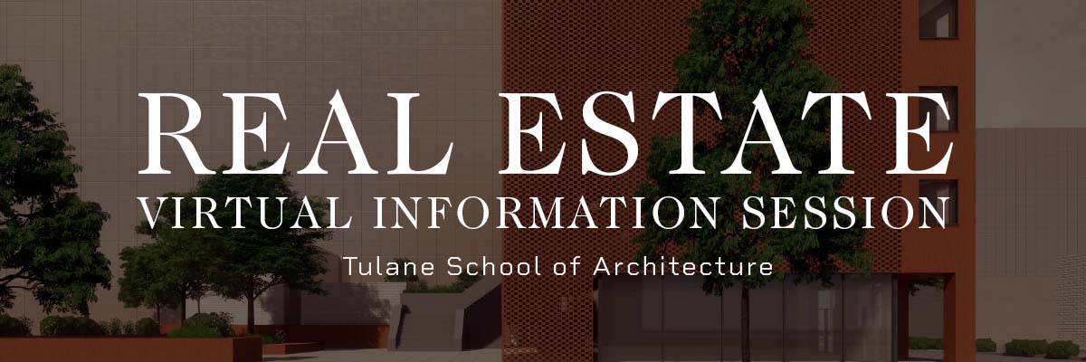 Graphic saying "Real Estate Virtual Information Session" with a background of digital perspective rendering of a tower on the right and trees on the left