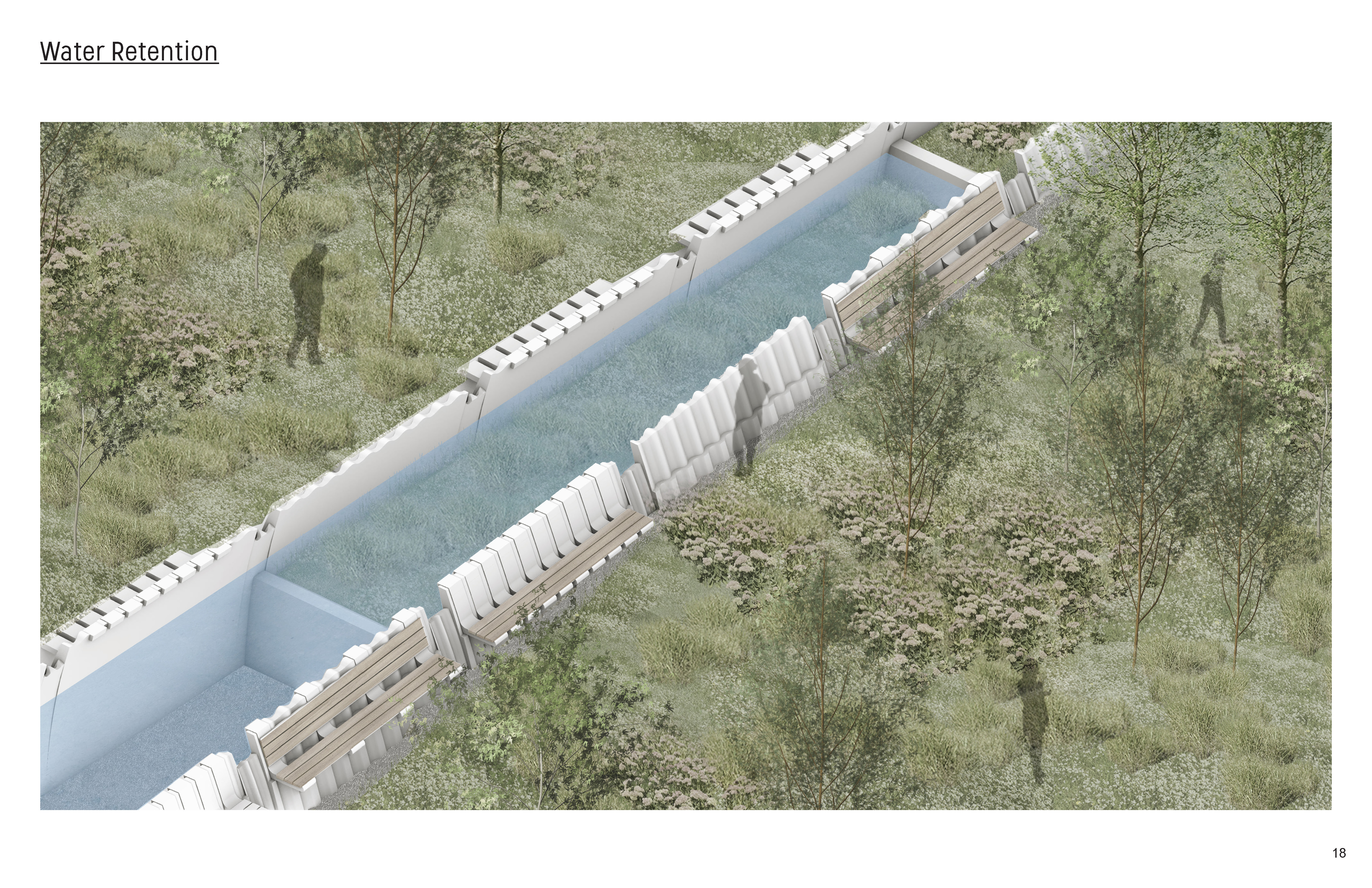 digital perspective drawing of outdoor space with canal for water management situated diagonally in the frame