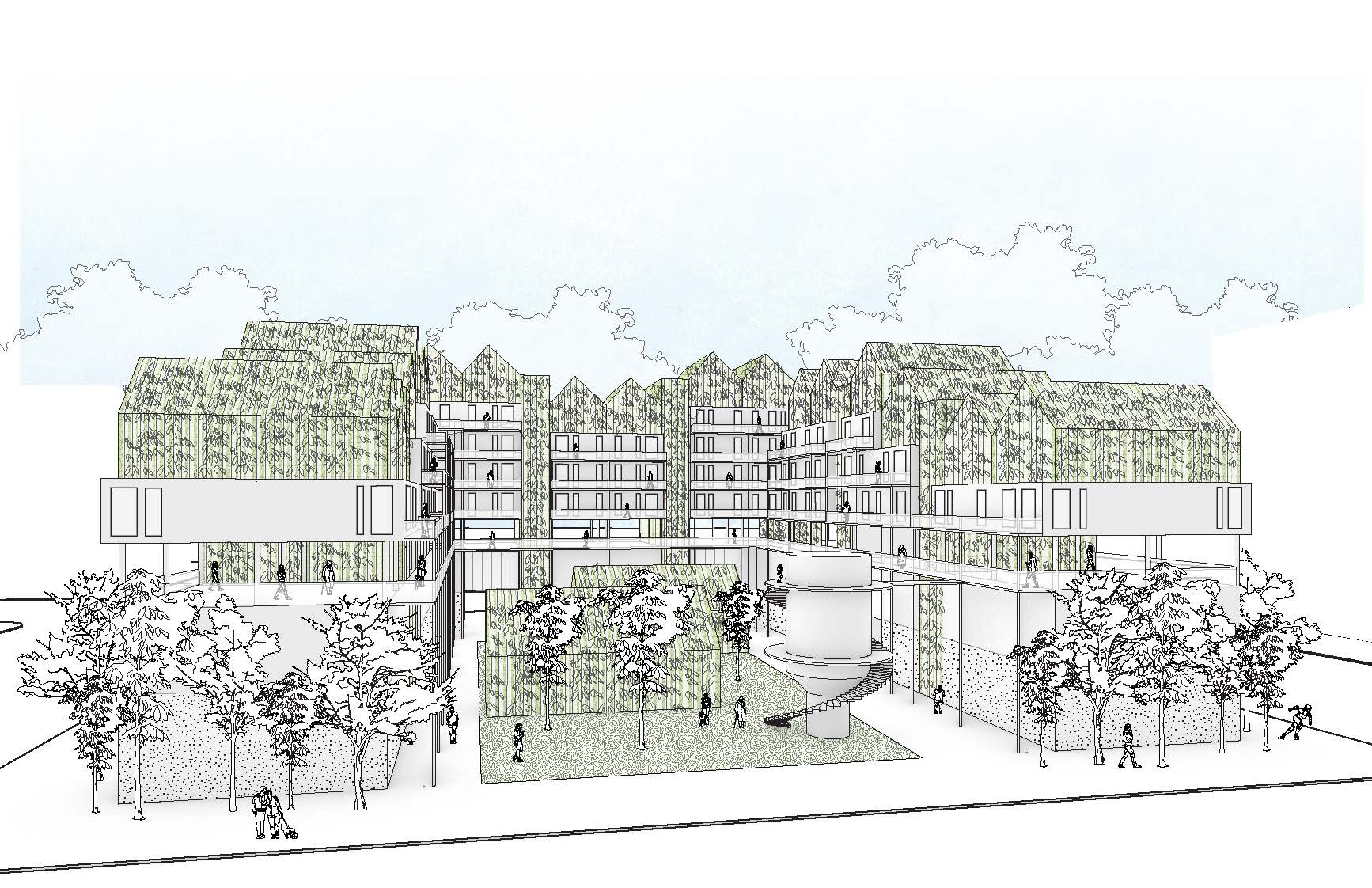 Exterior perspective drawing of a u-shaped multi-story building with rooftop vegetation and courtyard greenspace