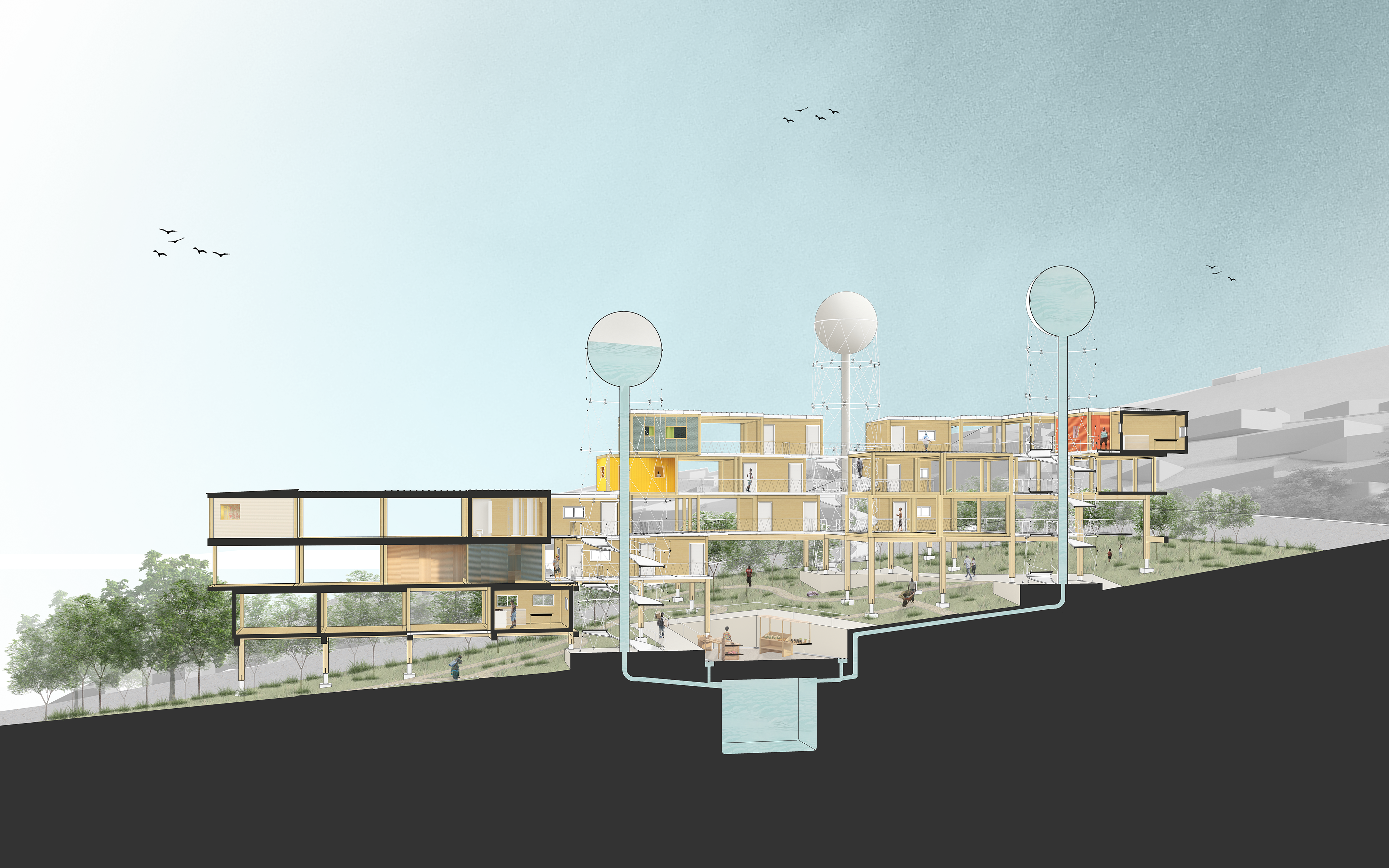 Elevation of multi-residential housing with multiple spiral ramps and water tower system