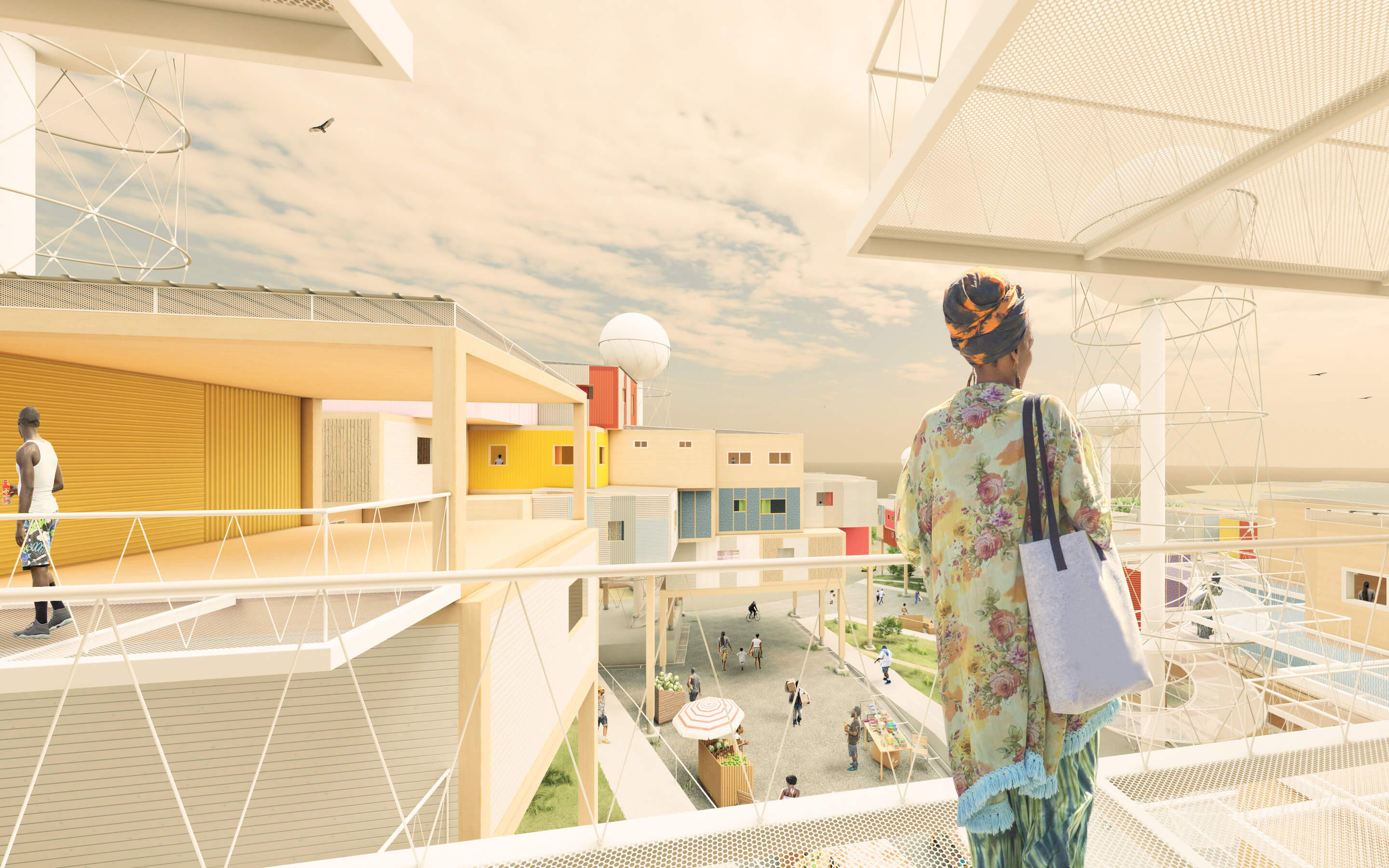 Exterior perspective of a open public space with a spiral ramp in the background and walking path in foreground