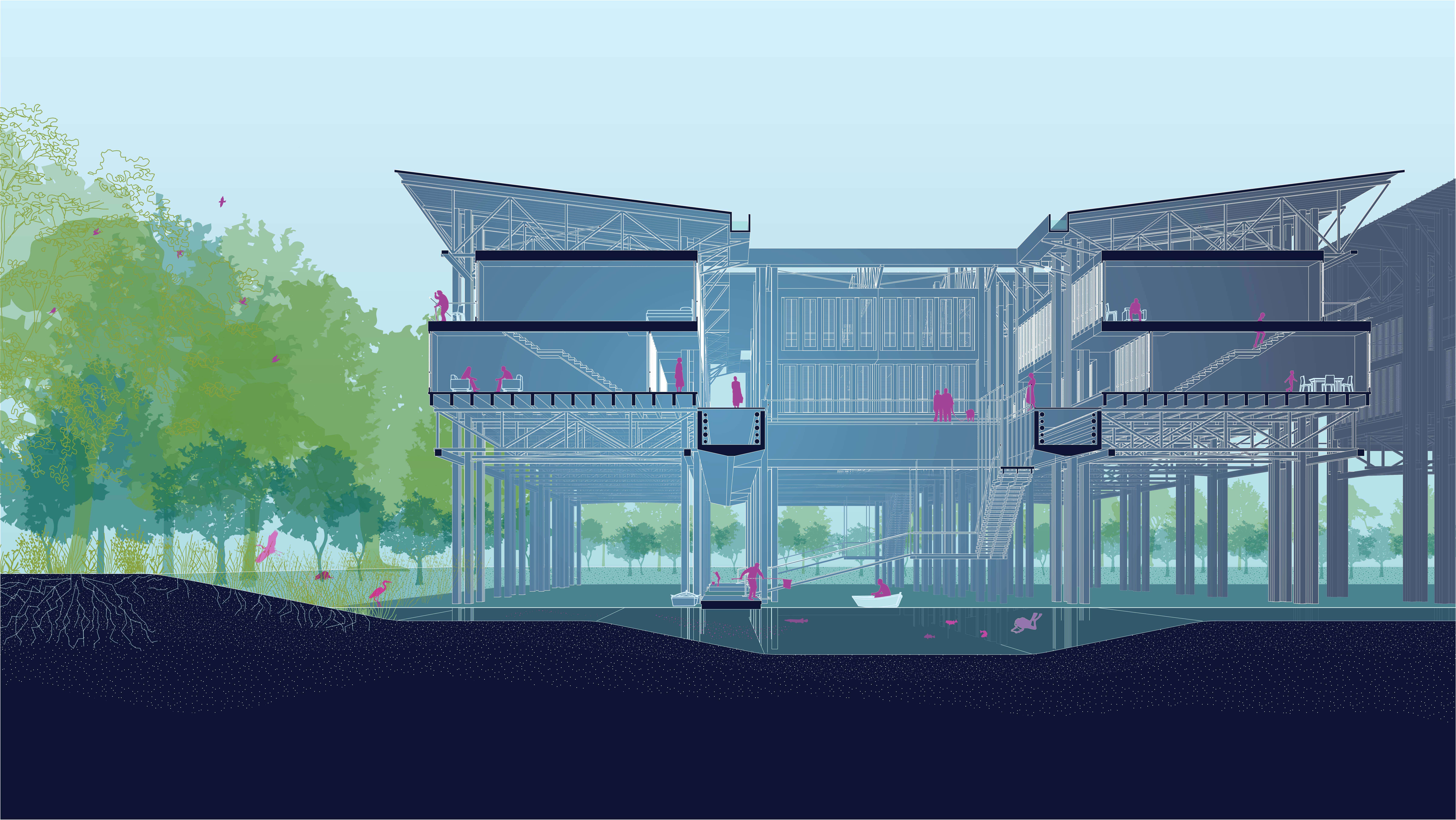 Digital elevation drawing of a multi-story building, elevated on pilings above a water body with lush trees on the left