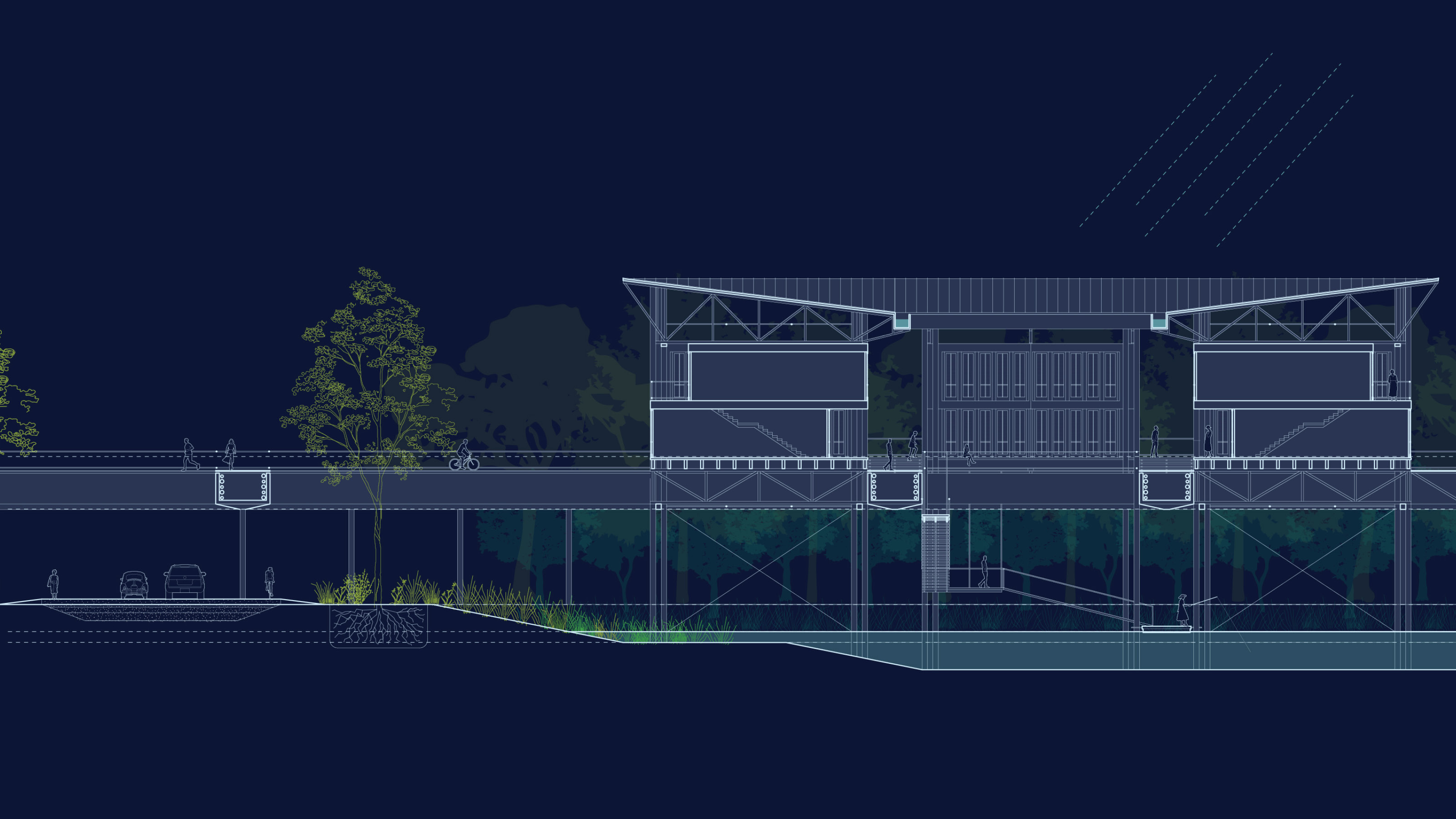 Digital elevation drawing of a multi-story building, elevated on pilings above a water body with lush trees on the left