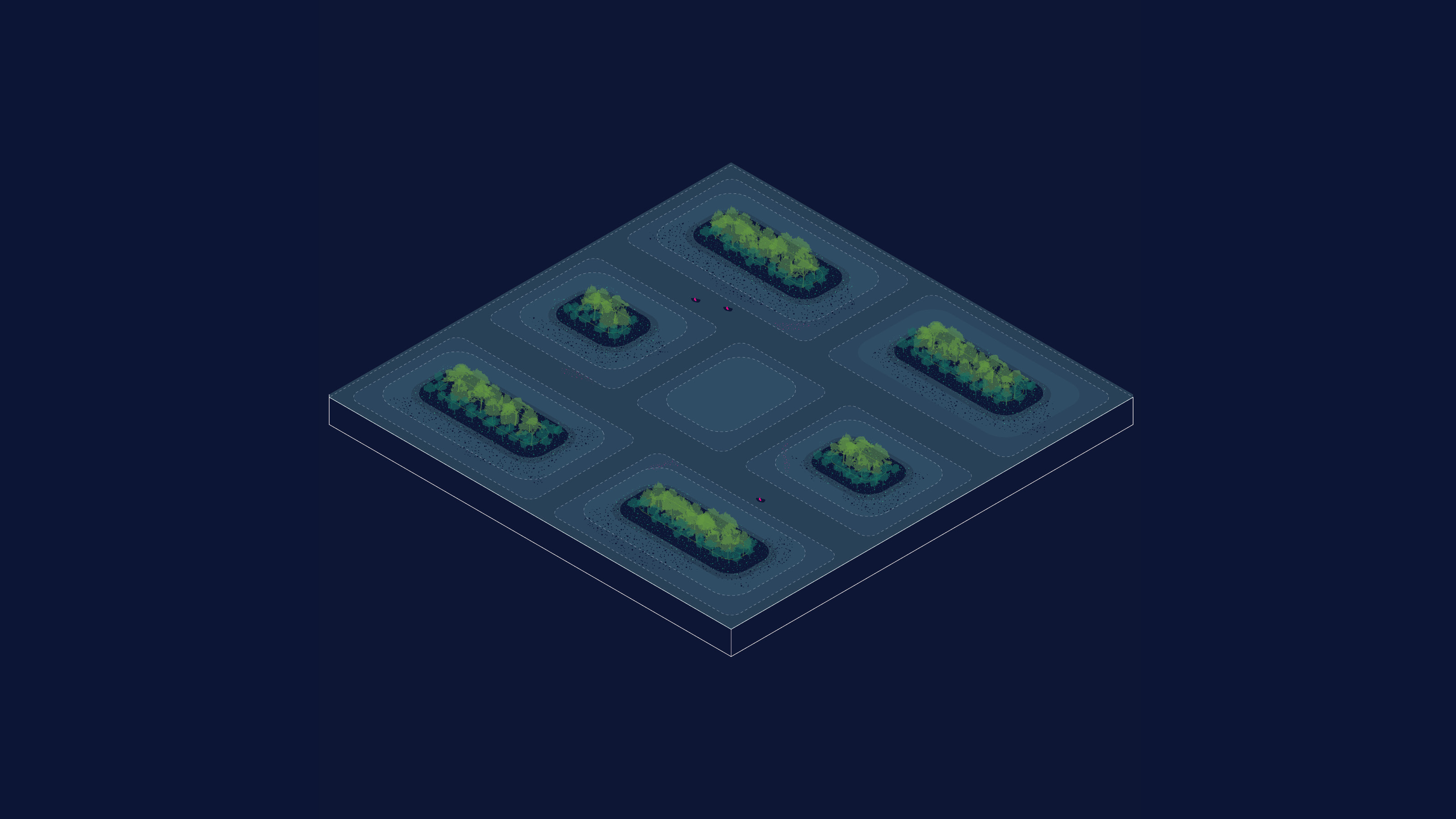 Axonometric site plan with six green spaces emphasized