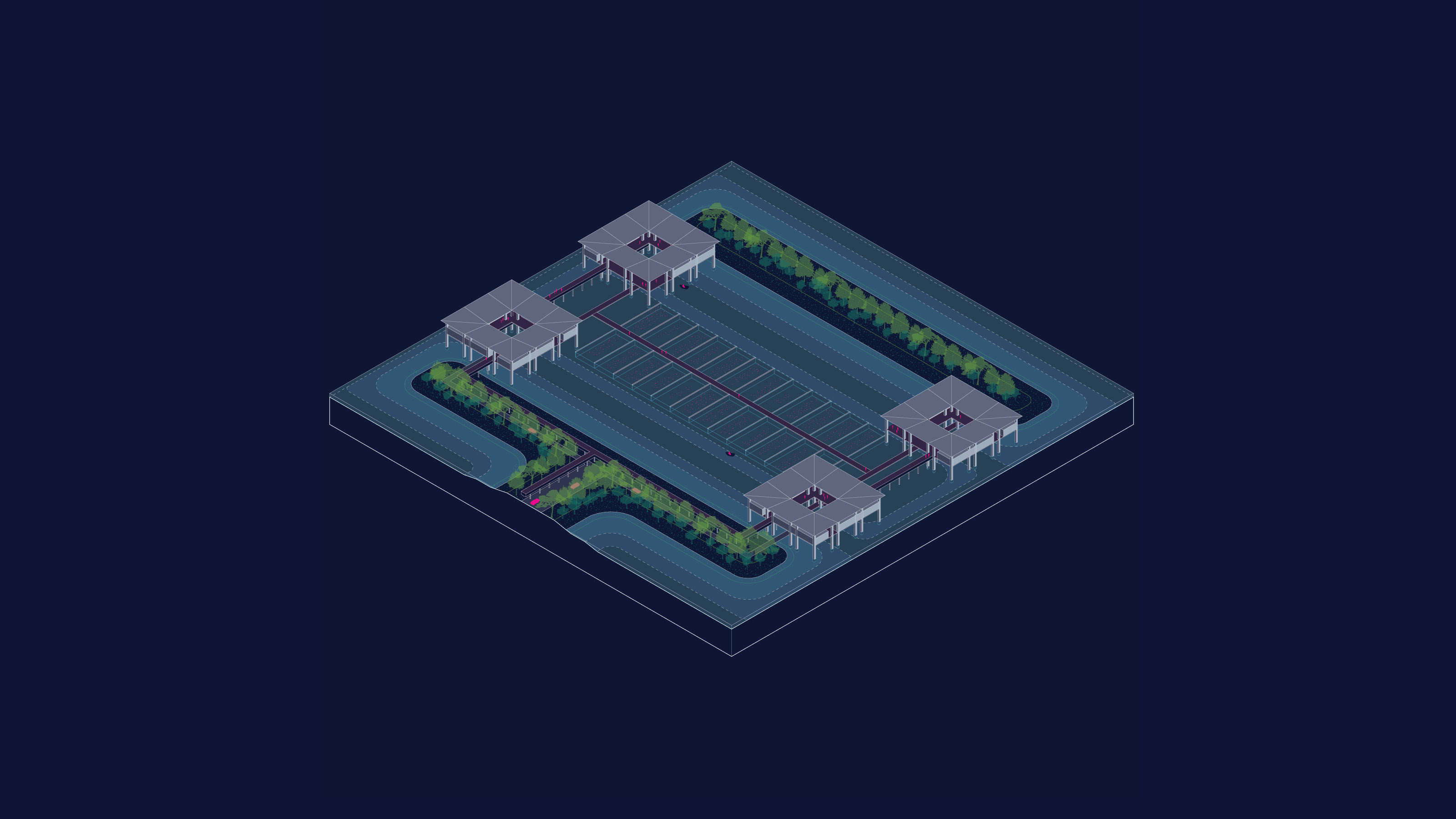 Axonometric site plan with two T-shaped green spaces emphasized