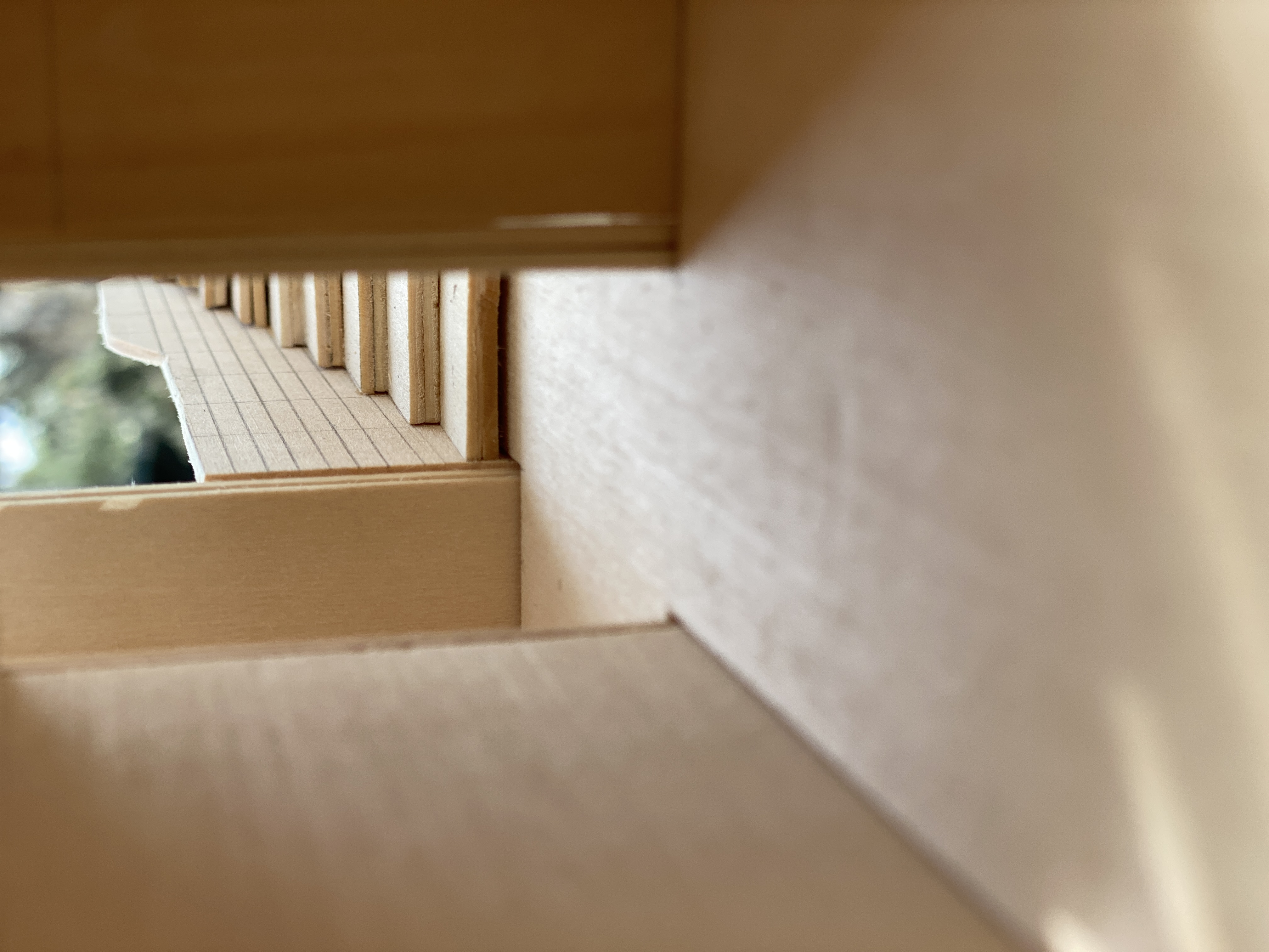 3D Model of spatial conditioning project. Room with stairs leading to second floor