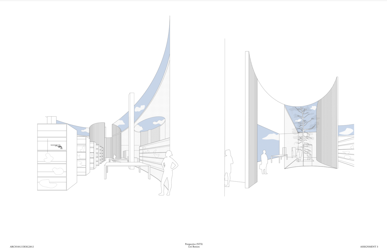 Model drawings of a room in different perspectives