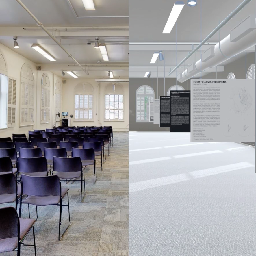 Split image with photo of lecture hall with rows of chairs on the left and a digital recreation of the hall with rows of presentation boards on the right