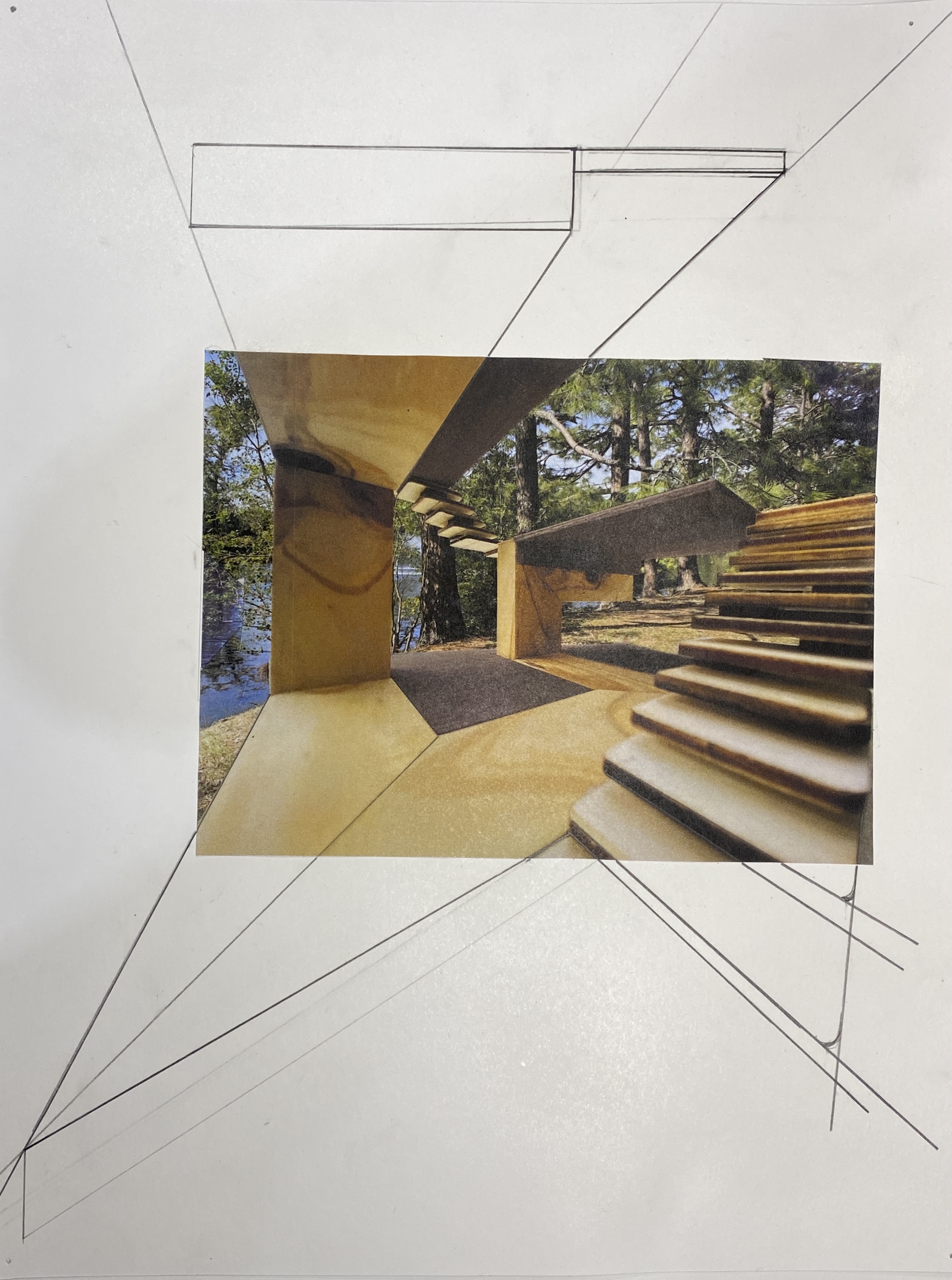 A Model of a room with stairs on the right leading to a second story for a spatial conditioning project.