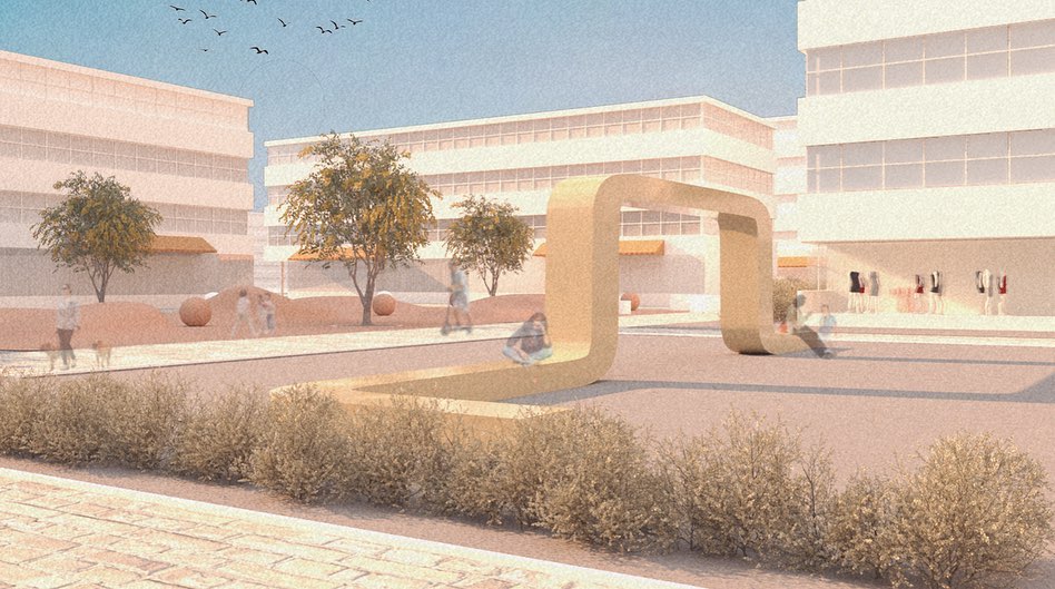 Illustration of an arch in a public outdoor area that can also be used as seating on the sides.