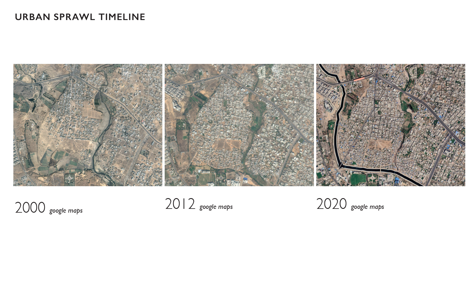 Terrain map representing the growth of urban development in 3 phases over 20 years starting in year 2000