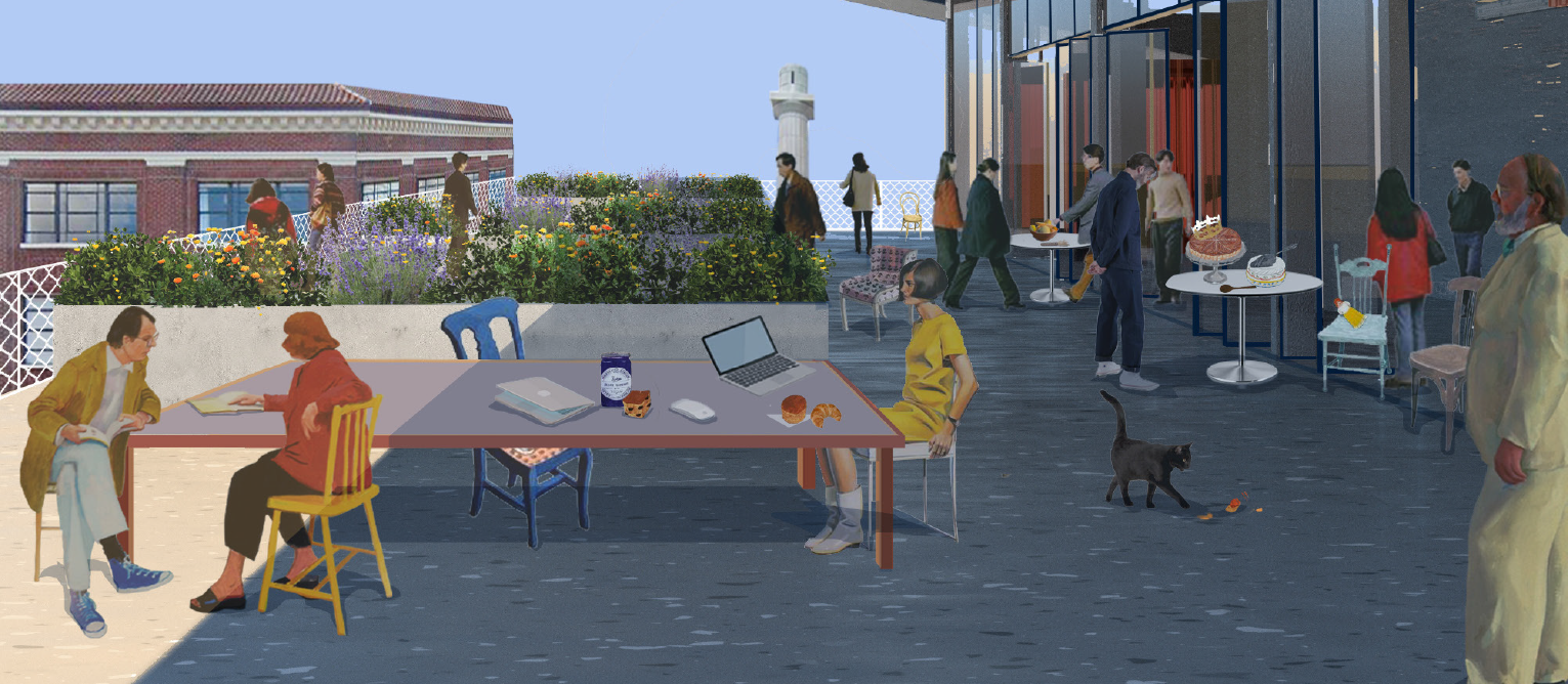 Digital perspective drawing of rooftop outdoor courtyard that is partially shaded and with table, chairs, and people