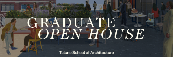 Graphic of digital perspective drawing of an outdoor seating area with the text "Graduate Open House" overlaid on top of drawing