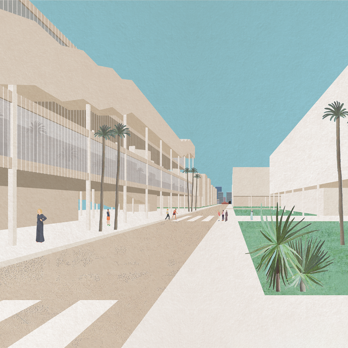 Digital perspective drawing of the exterior of a long convention center type of building on the left side with a street running from the foreground to background and some green space on the right side of the road