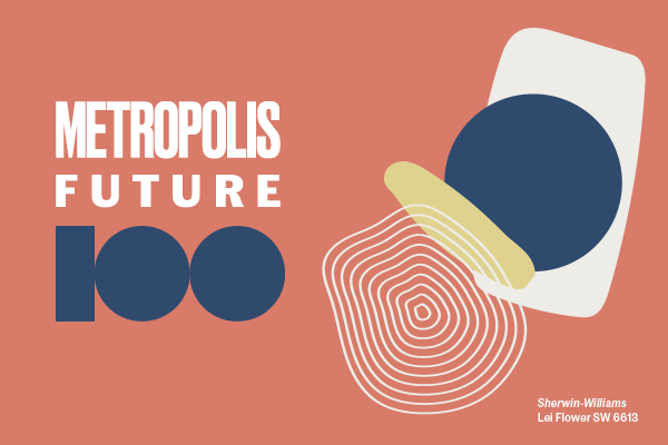 Digital poster titled "Metropolis Future100" on the left side with 4 abstract shapes on the right side