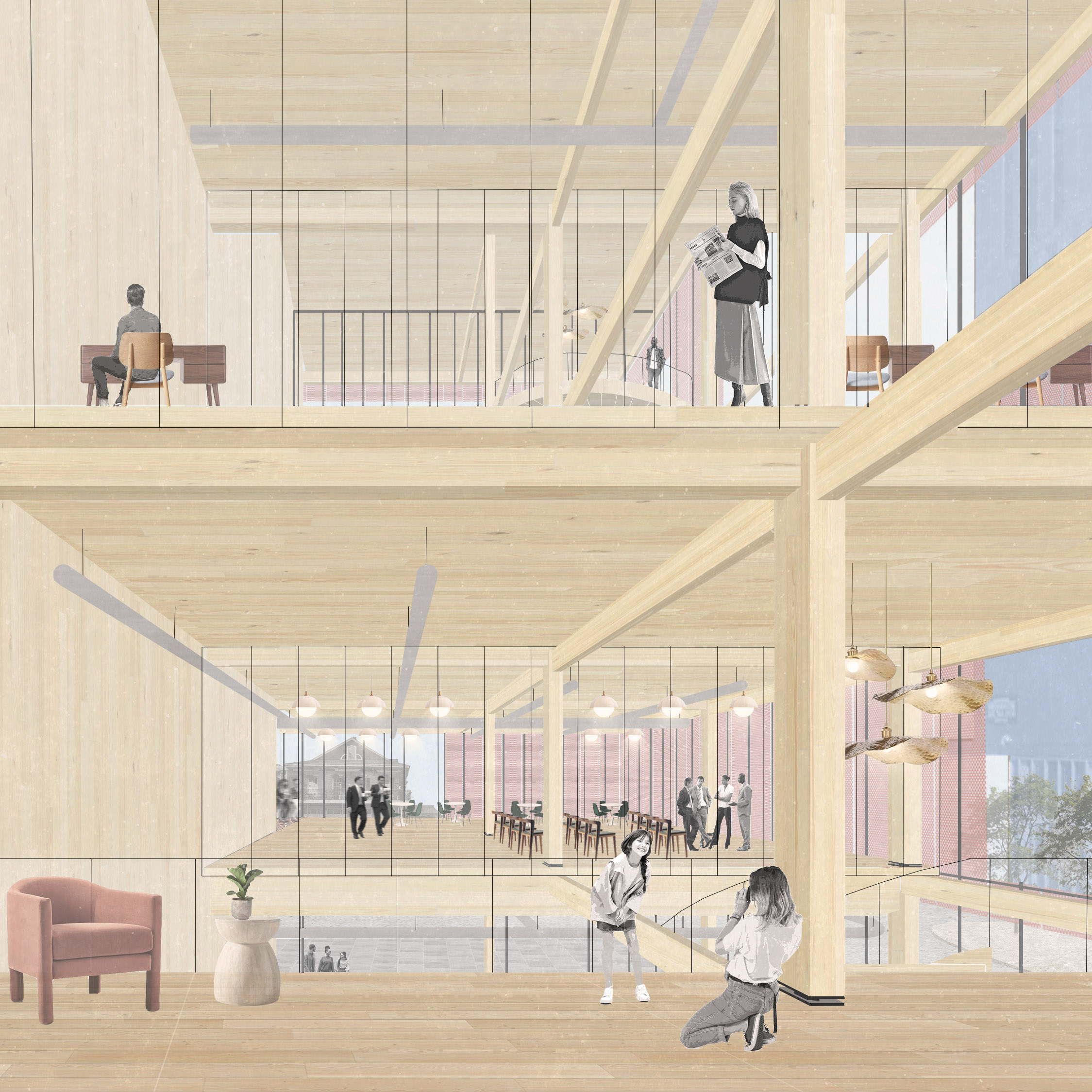 Digital interior perspective rendering of two open floors with tall ceilings and floor to ceiling windows