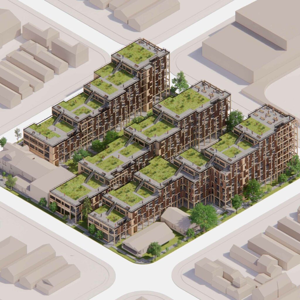 Aerial digital axonometric drawing of a urban city block that is developed into three linear, multi-level buildings with rooftop gardens and courtyard between the three structures.