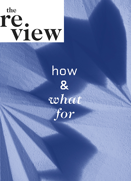 Book cover with the title "the review: how & what for" on top of a geometrical texture in the background