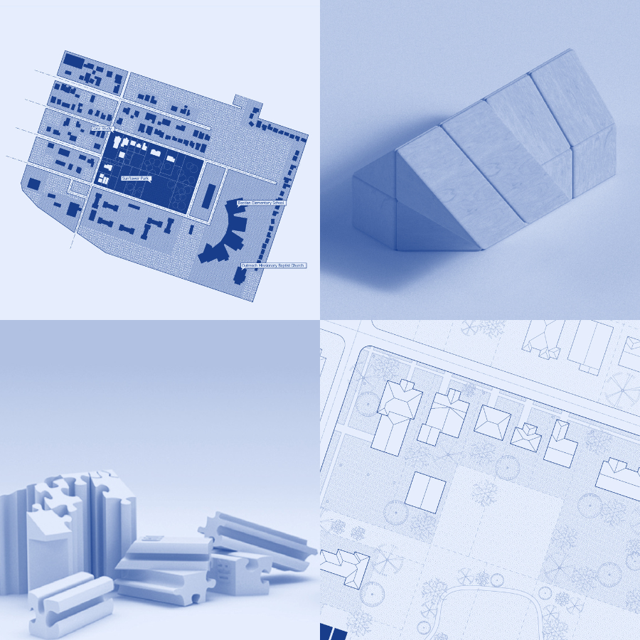 A two-by-two tiled image with two aerial-view urban plan digital drawings and two housing and puzzle pieces models