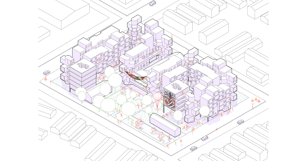 ARCH 2022/6022 Spring 2022 student work: axonometric rendering of buildings